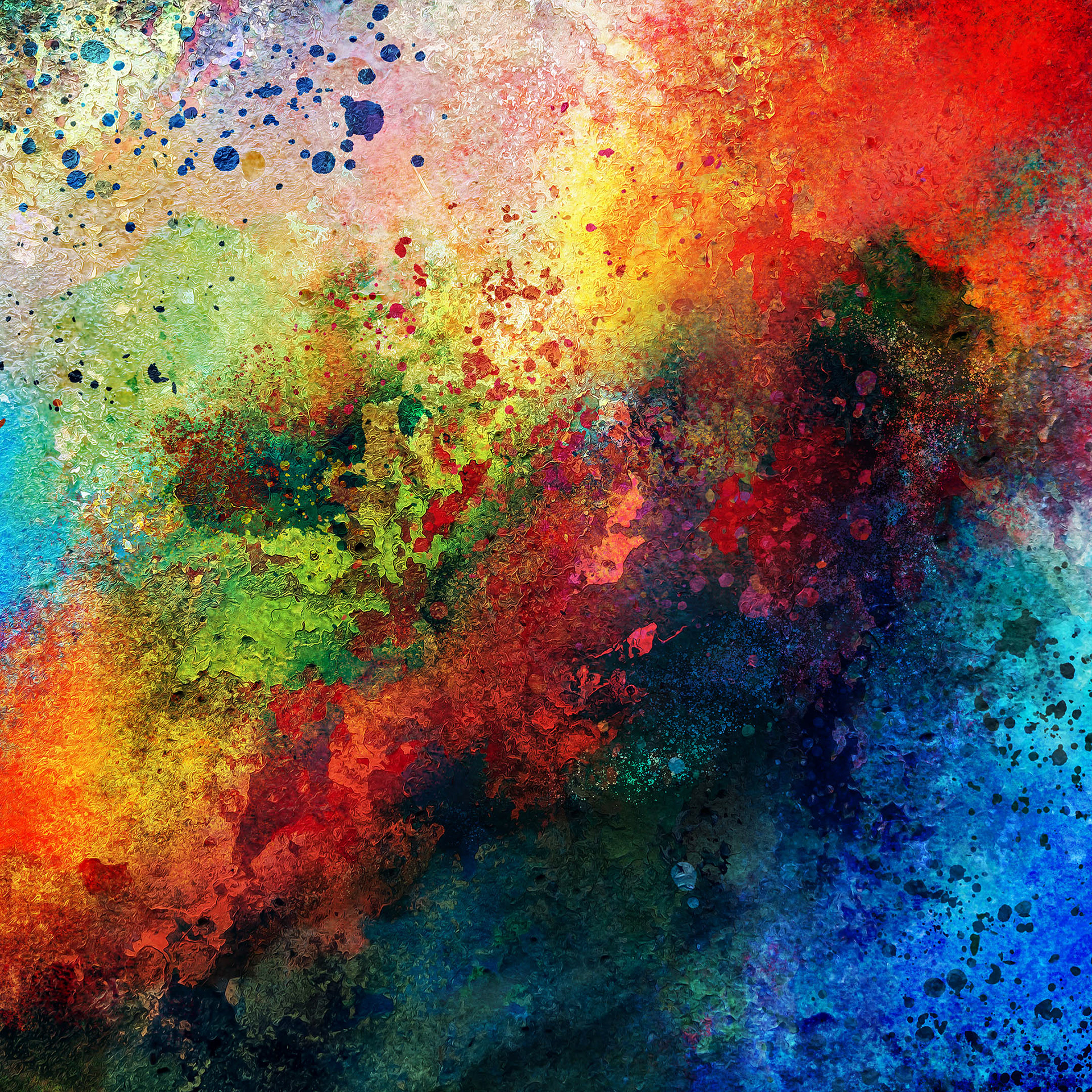 Brightly colored mixed media watercolor painting with red, blue, green, violet and black textures and paint splatter.