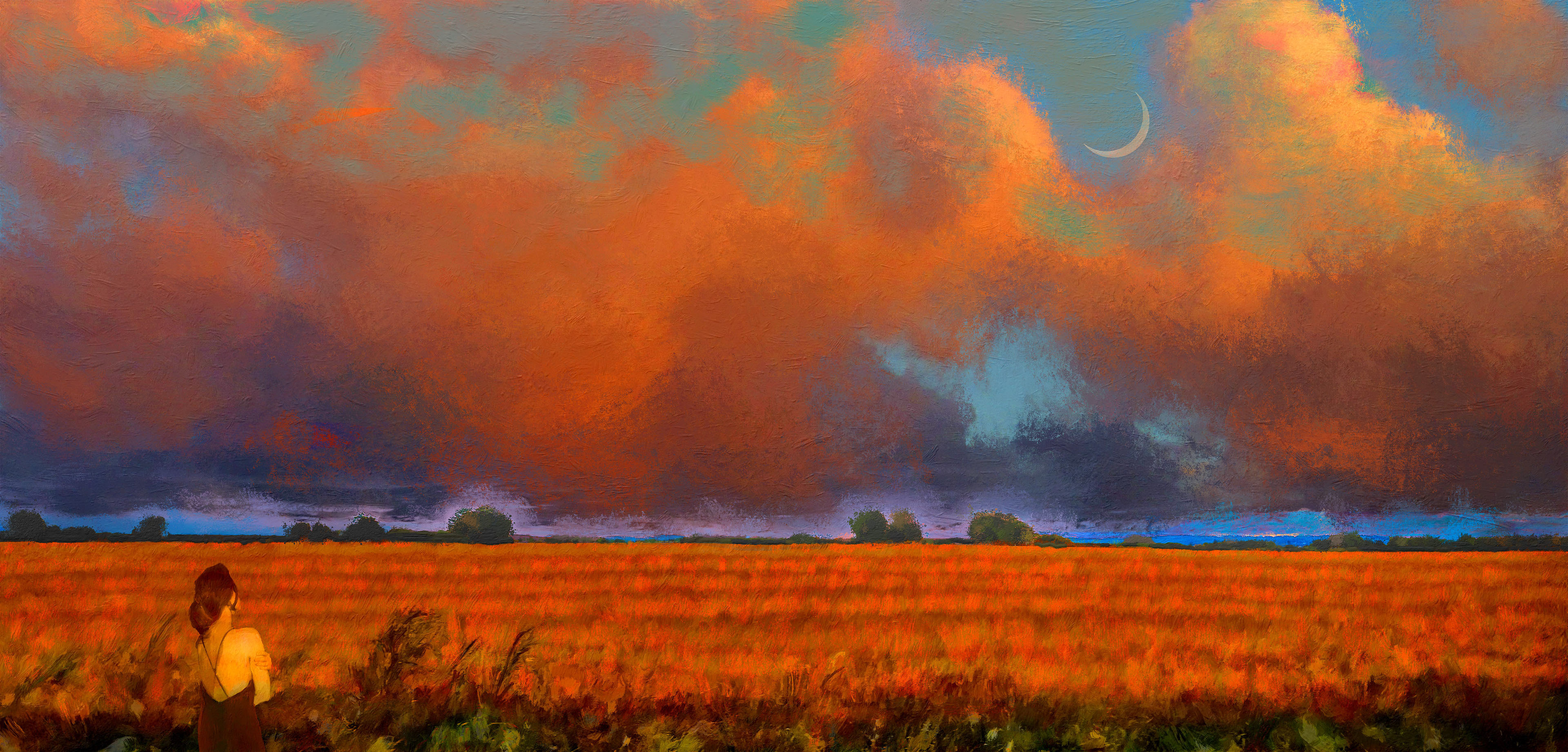 A vibrant sky painted with rich oranges and blues stretches over a vast field, casting a dramatic atmosphere. A solitary figure stands in the foreground gazing at the scene, adding a sense of scale and contemplation.