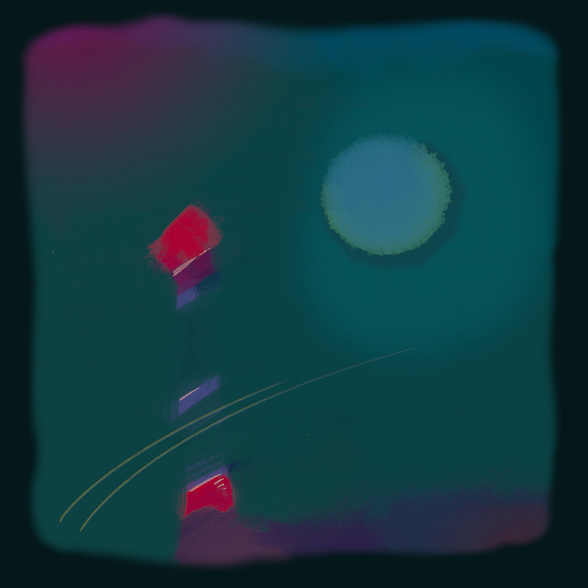 Abstract digital oil painting of soft green background with overlapping magenta, blue and violet design elements.