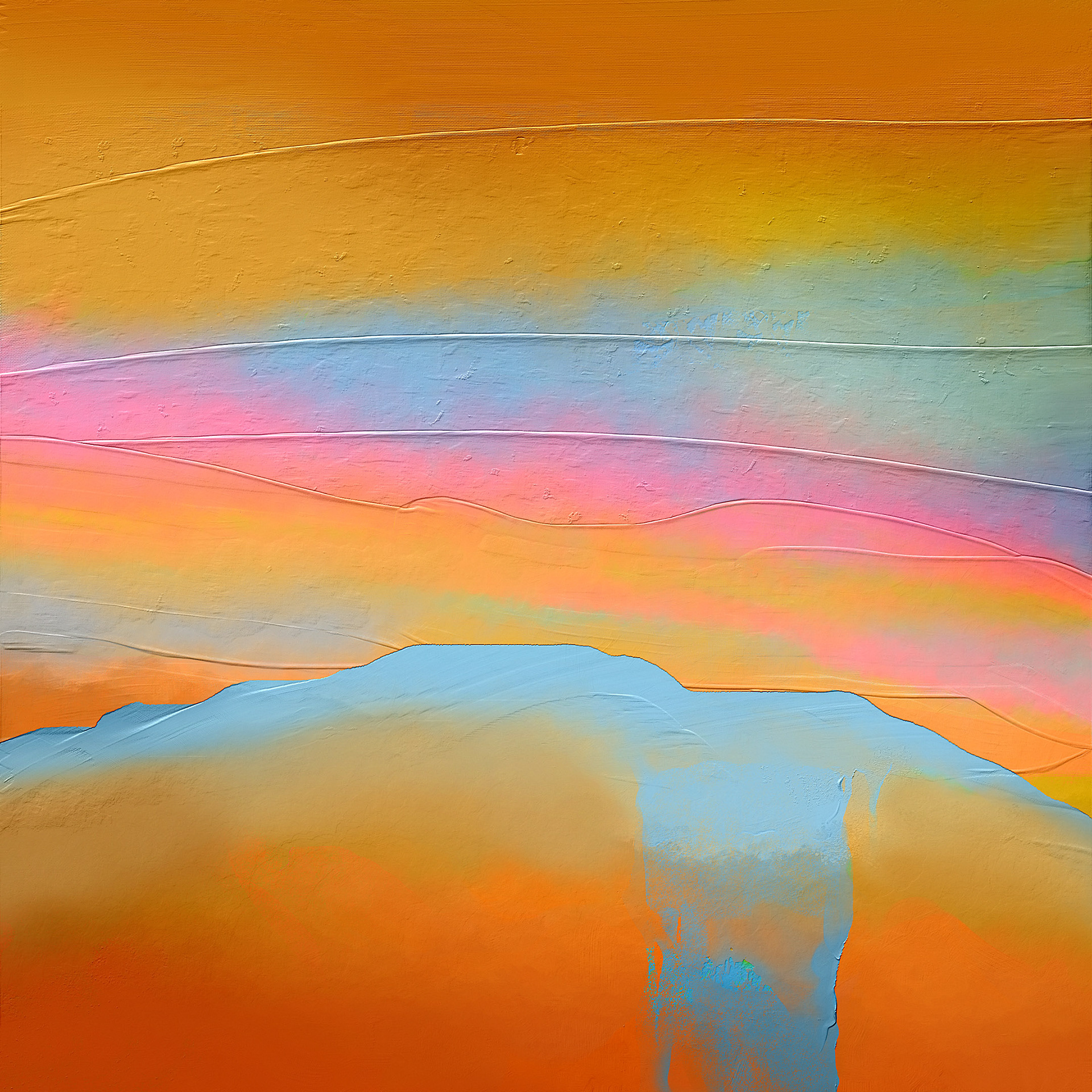 Bright bands of color blend harmoniously, creating a vibrant landscape with an impression of a sunrise or sunset. The bold use of orange, pinks, and blues bring warmth and an abstract sense of movement.