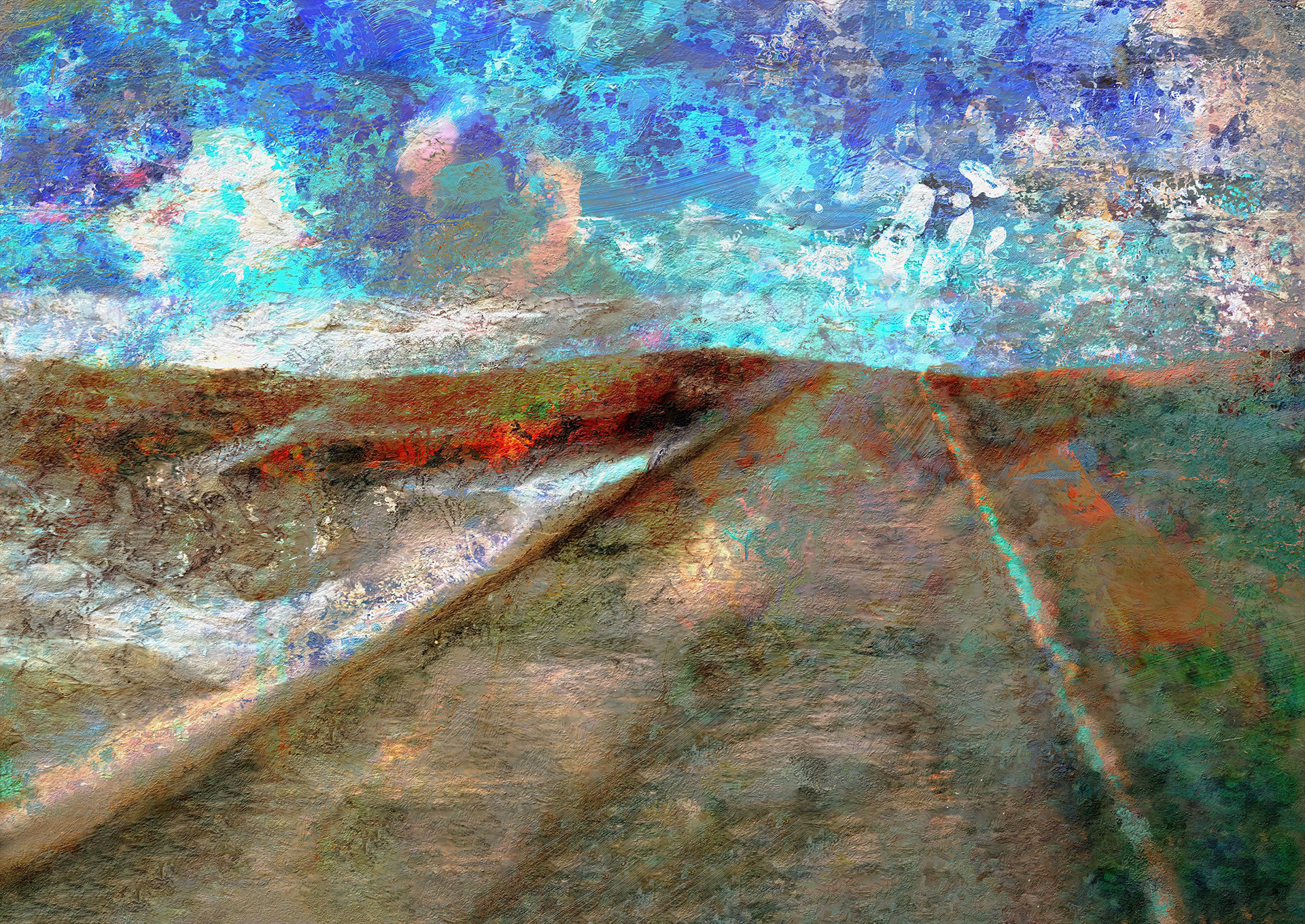 Impressionistic painting of a long road stretching into the distance under a bright blue sky.