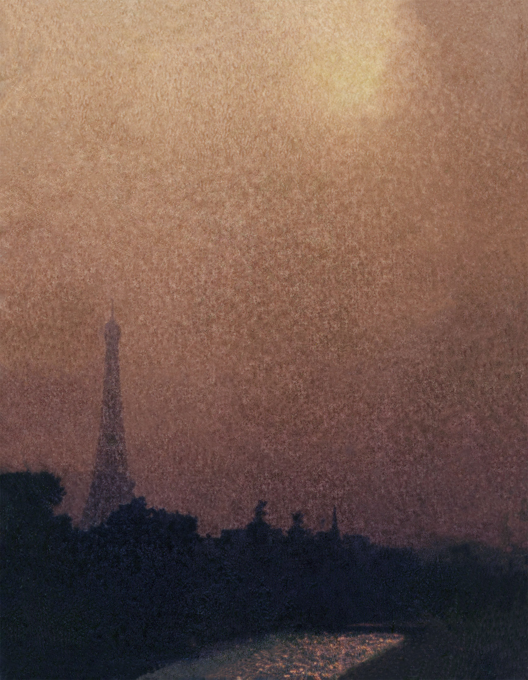 Polaroid transfer of the Eiffel Tower next to the Seine River in Paris.