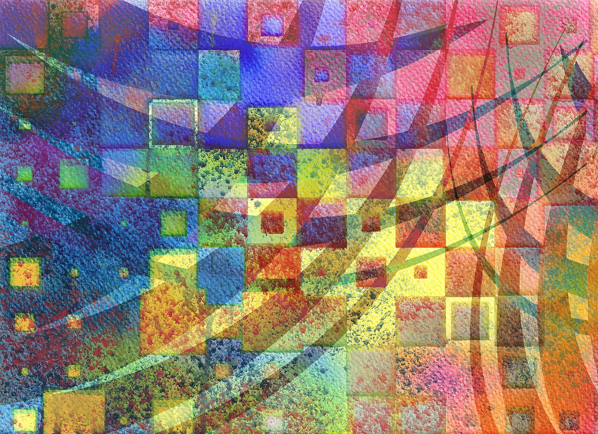 Brightly colored red, violet, blue, green and yellow abstract watercolor painting.