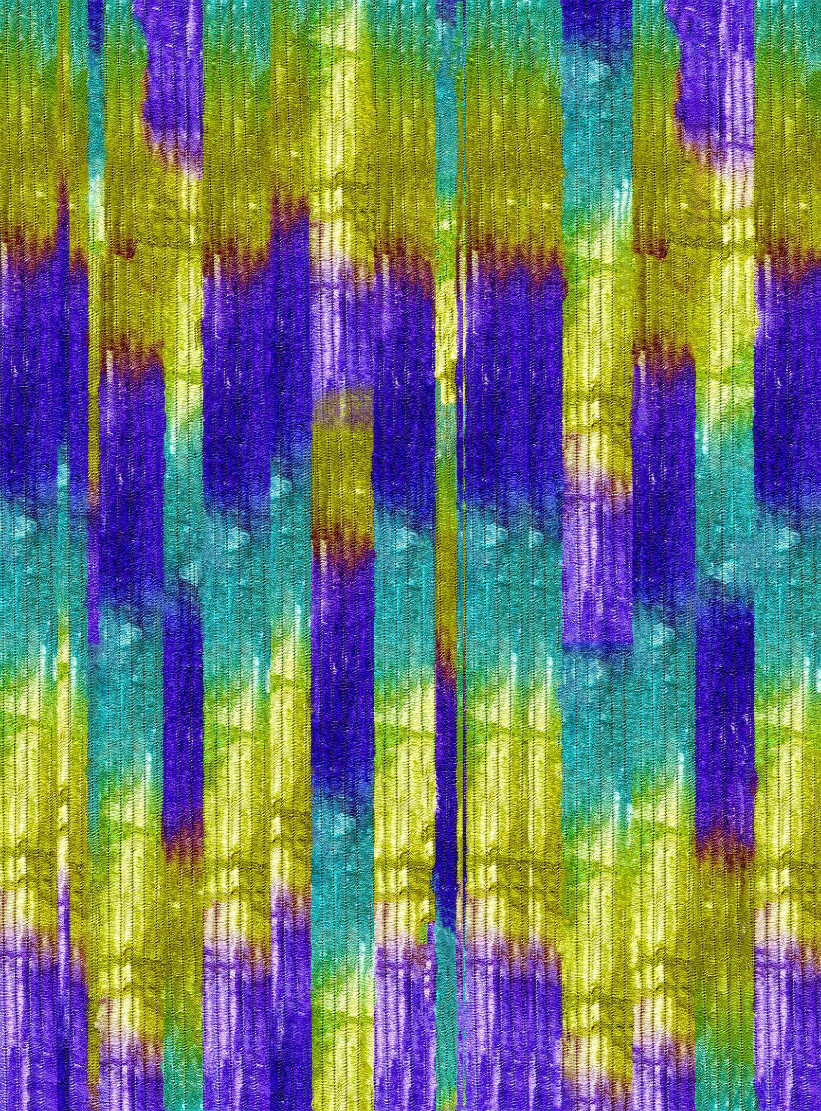 Abstract photograph of brightly colored blue, green, violet and yellow fabric ribbons.