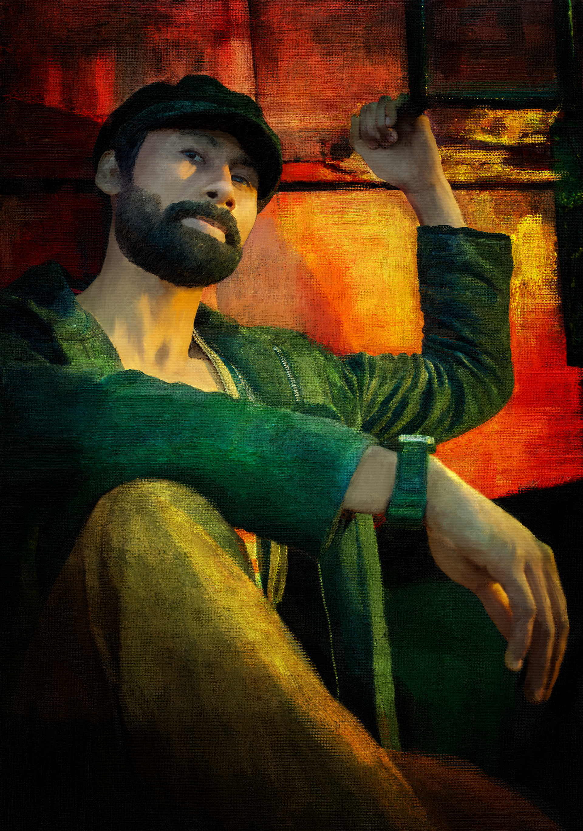 A contemplative man with a beard is seated, wearing a cap and jacket. Warm, rich tones create a dramatic atmosphere, with the light focusing on his thoughtful expression.