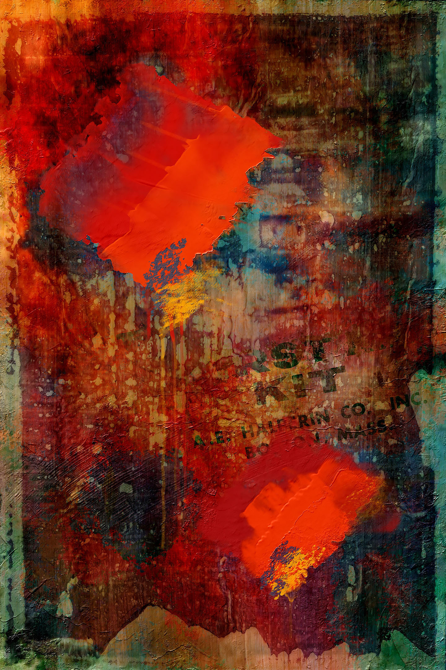 Abstract mixed media image composed bold brush strokes of bright red paint over a gritty, textured urban wall