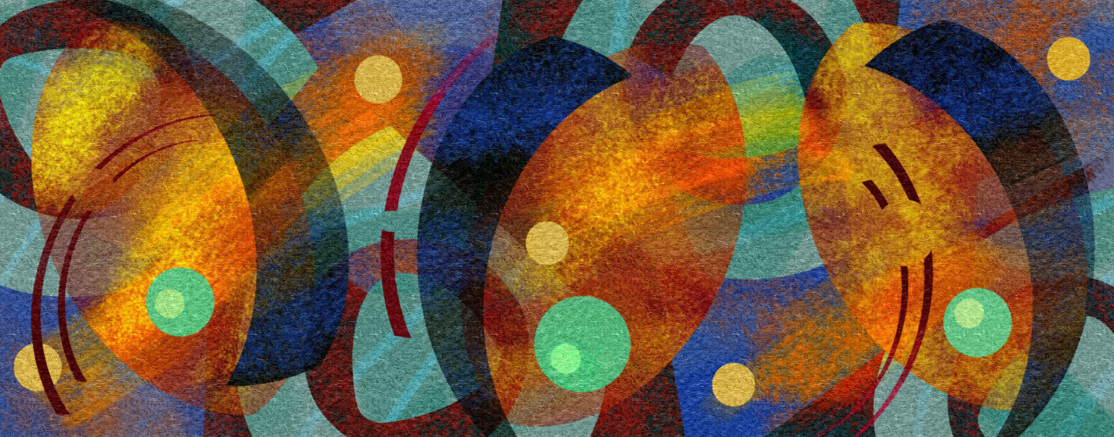 A dynamic composition of overlapping shapes and vibrant colors creates a sense of movement and energy. Swirls of deep blues, fiery oranges, and soft greens are punctuated by circular elements throughout the design.