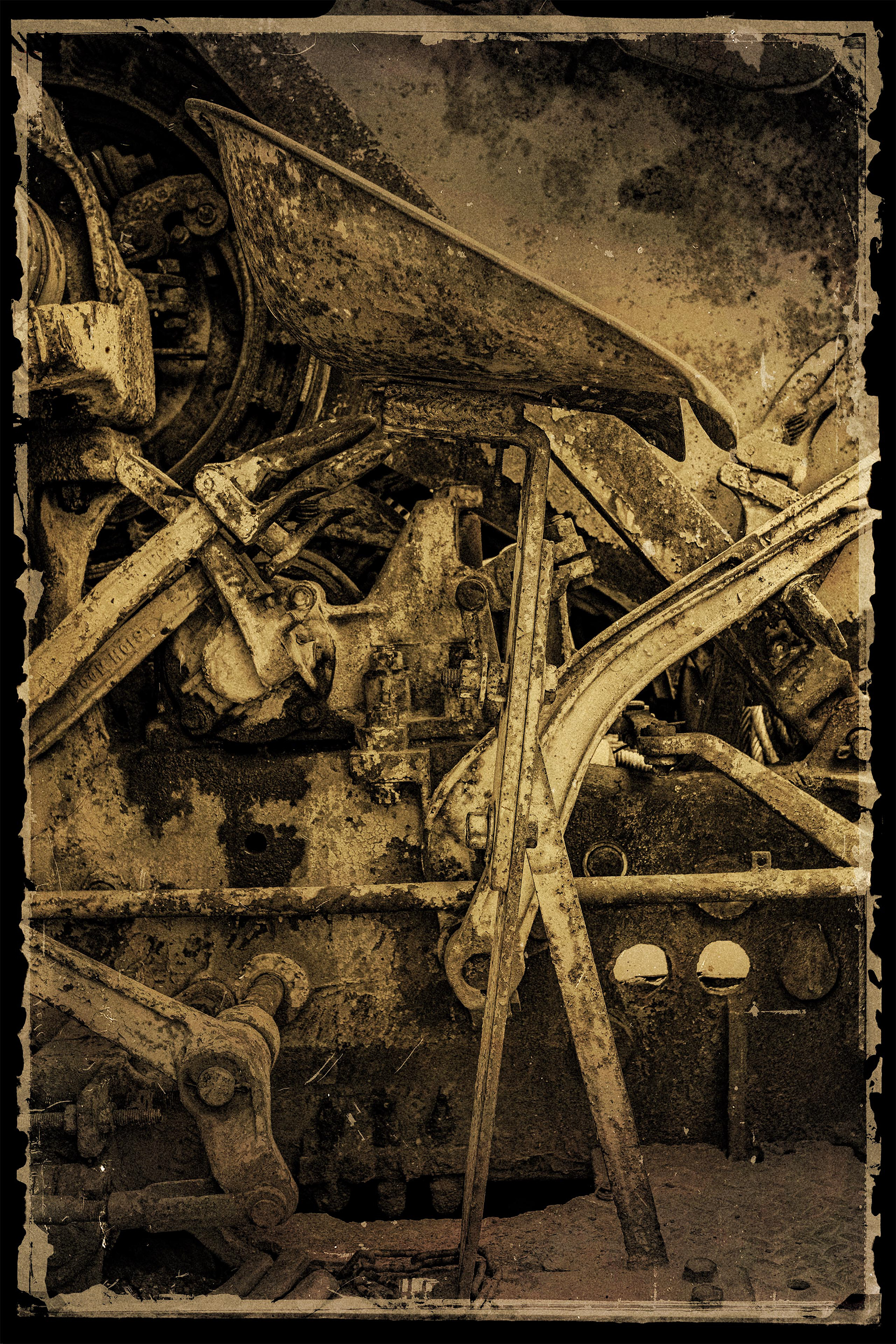 Photograph of antique steam shovel operator seat taken in Liberty Washington. 