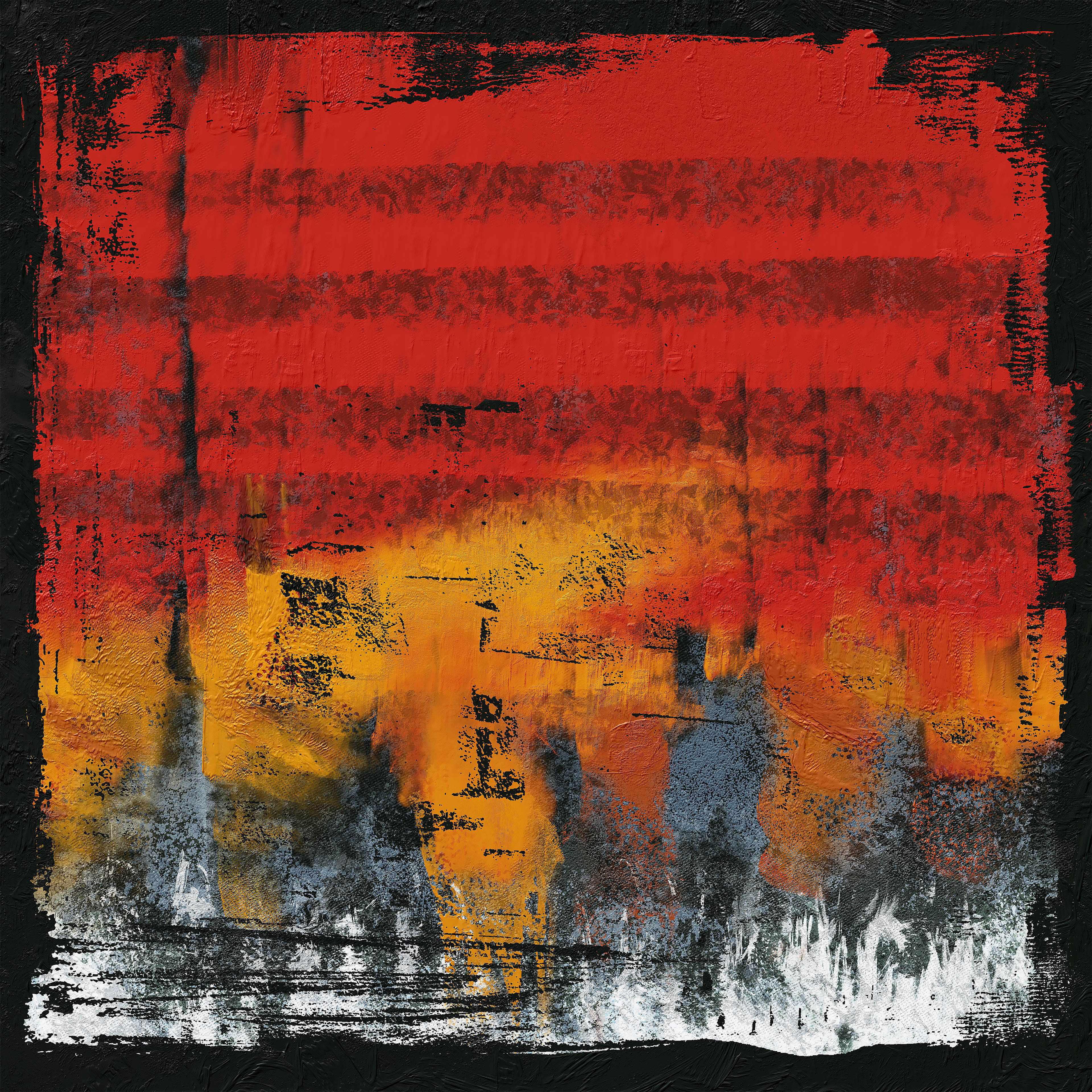 Vibrant bands of red, orange, and yellow blend together in a dynamic, abstract composition. Darker tones of black and gray add depth and contrast, creating a vivid interplay of colors. The rough edges and layered hues evoke a sense of movement and energy.