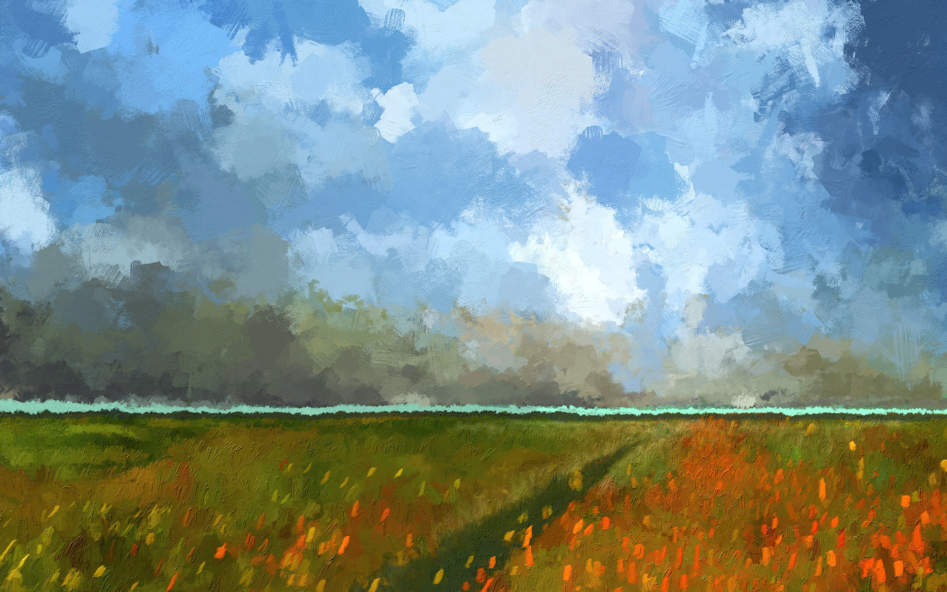 Oil painting of a field of grass and flowers under a cloudy sky in the summertime.