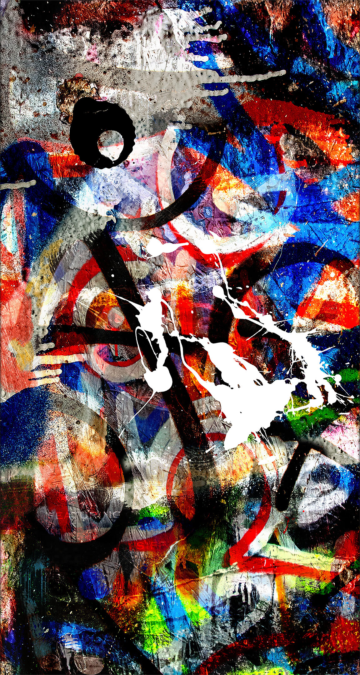 Abstract mixed media painting of images of urban grit overlaid with brightly colored paint drips and brush strokes.