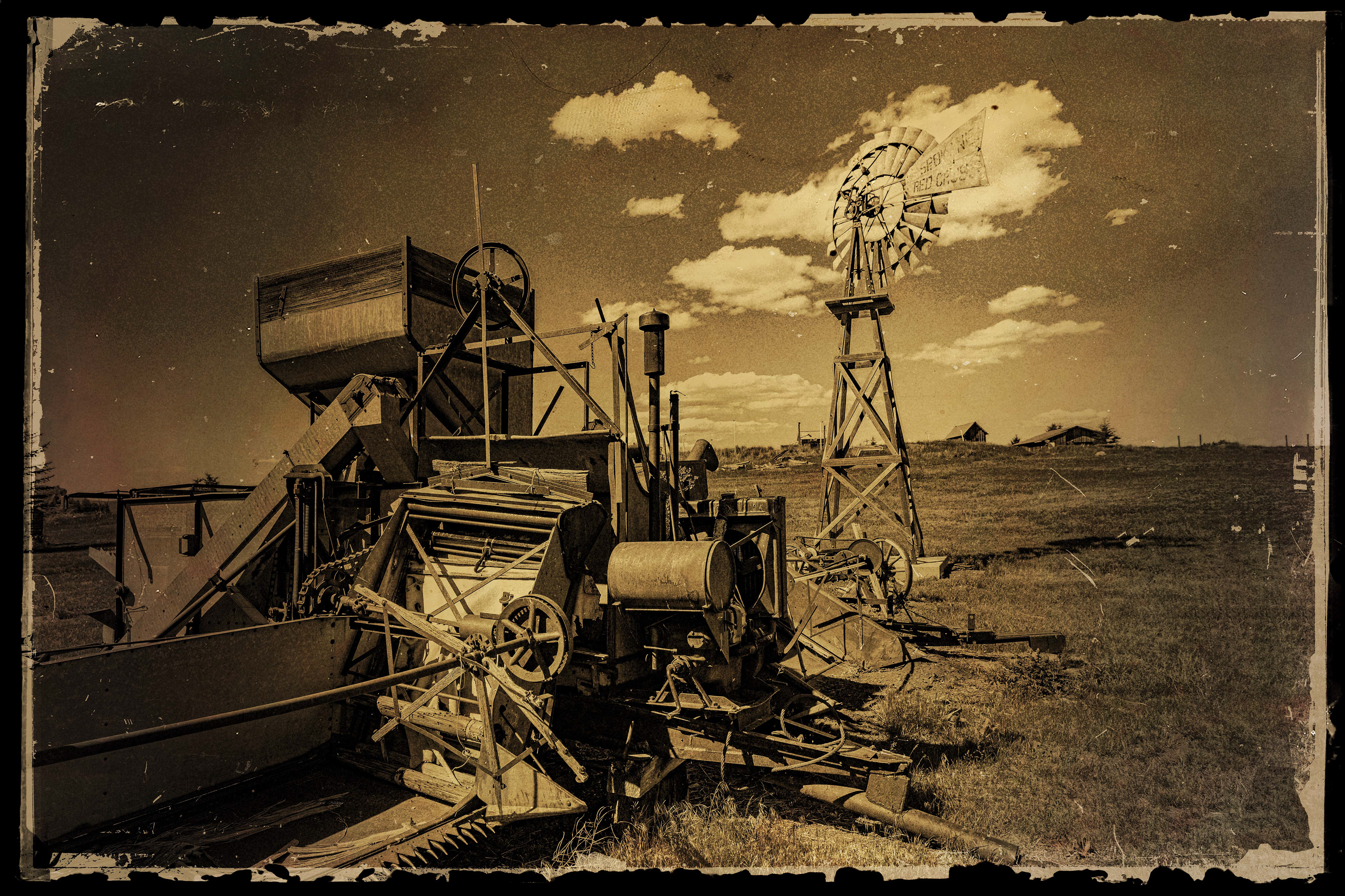 Photograph of antique harvester taken in Molson Washington. 
