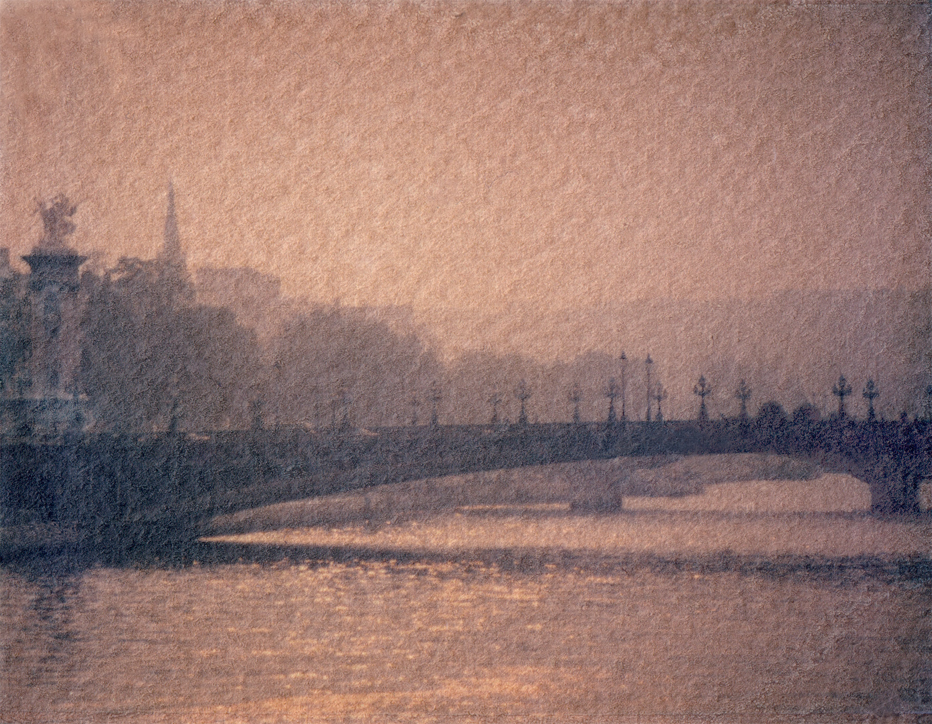 Polaroid transfer of a bridge over the Siene River in Paris.