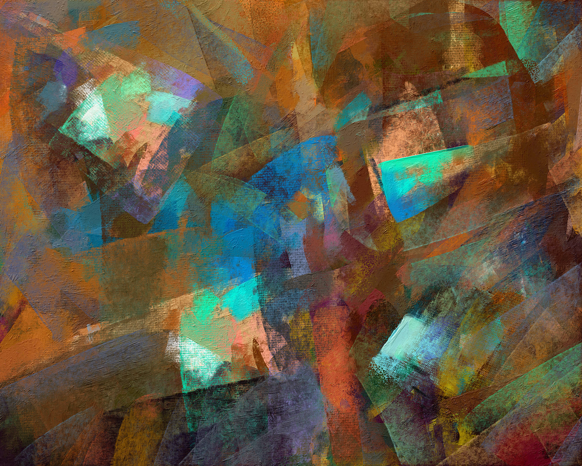 A brightly colored abstract painting of bold paint strokes made across the canvas in different directions.