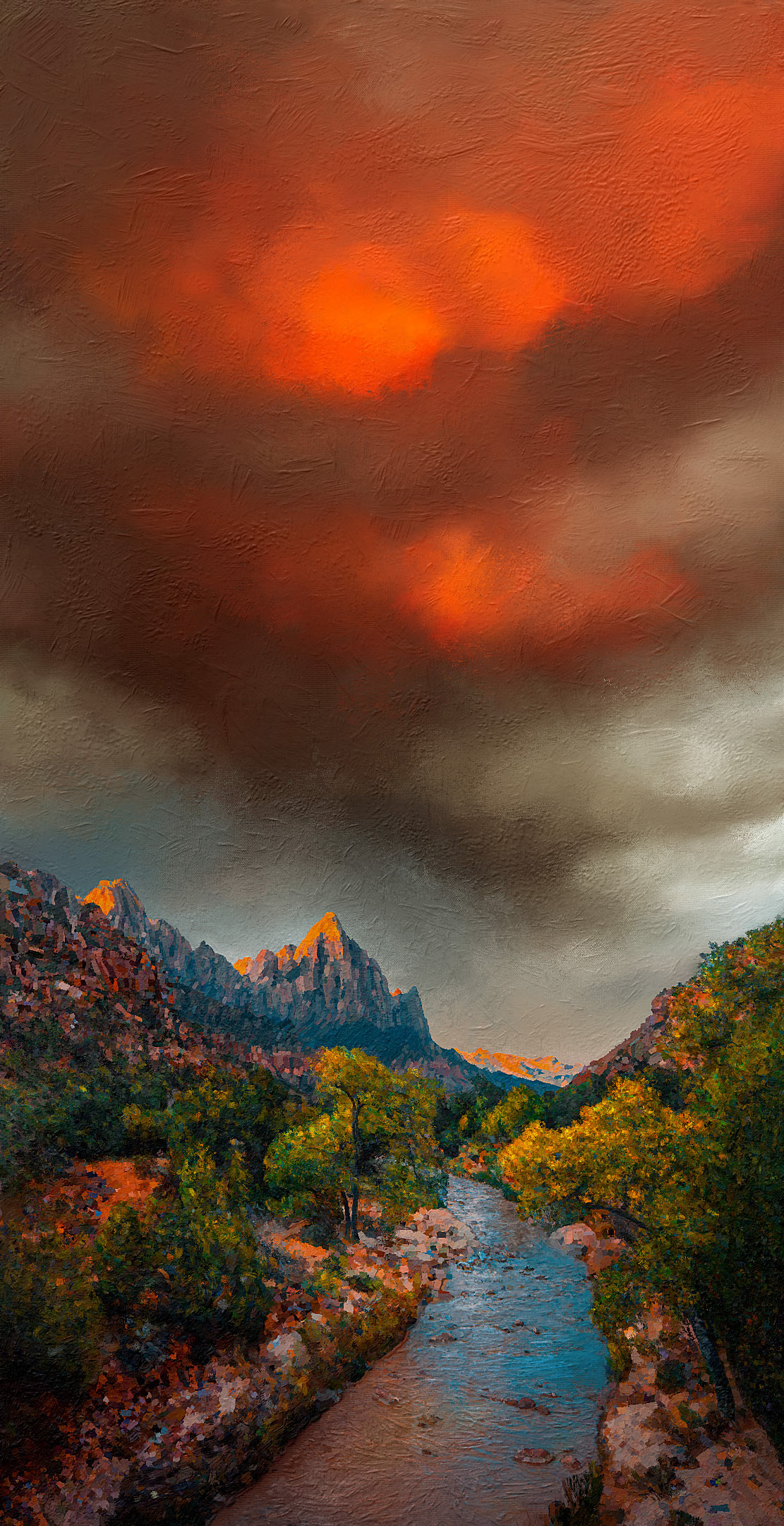 Oil painting of wooded valley surrounded by storm clouds