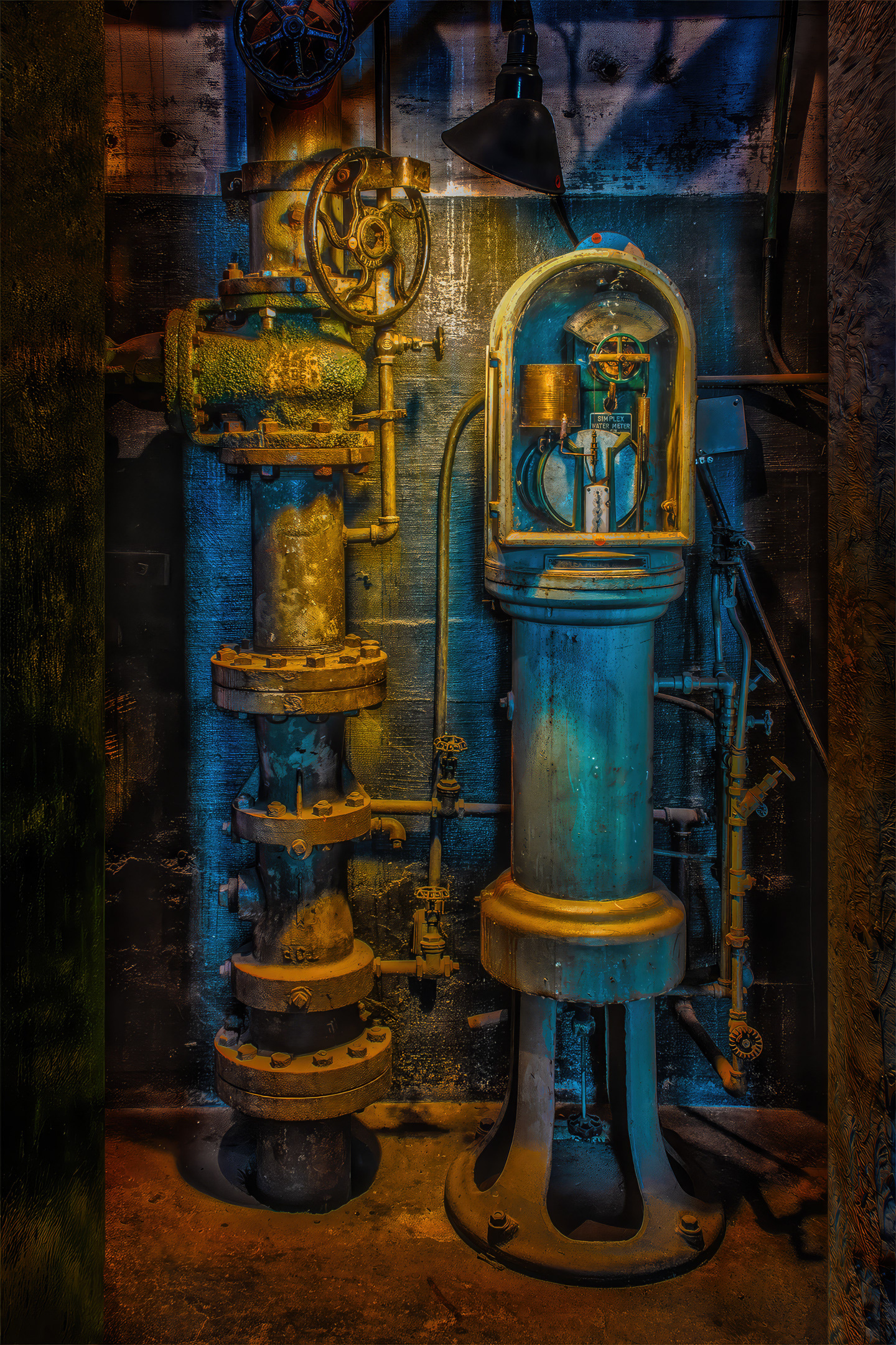Victorian era steam plant gauges and pikes arranged in an abstract composition.