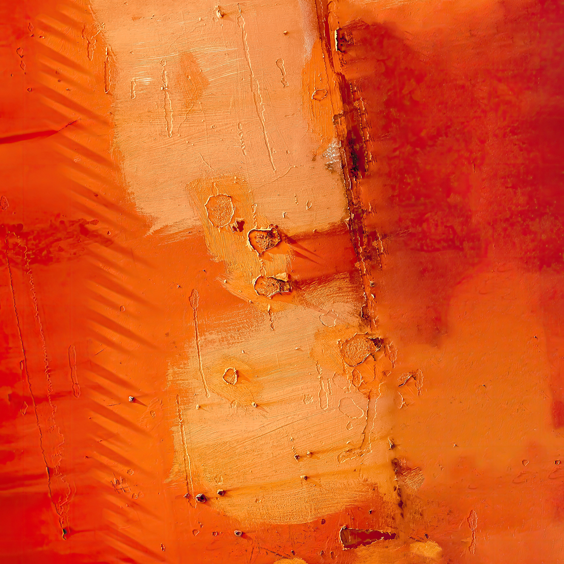 Abstract composition of rusted iron with corrosion and peeling paint textures.
