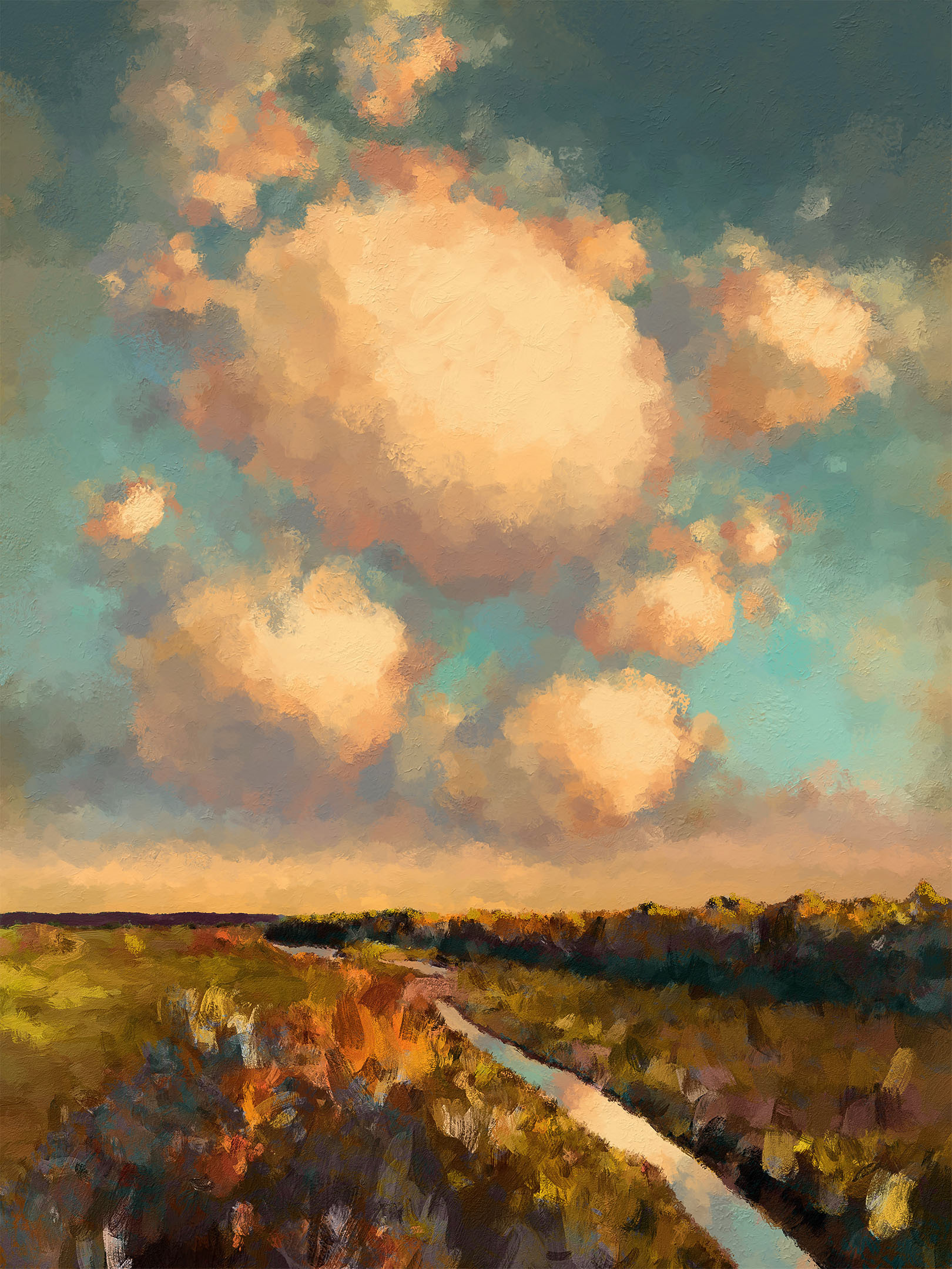 Digital oil painting of a field and streak under a colorful late afternoon sky.