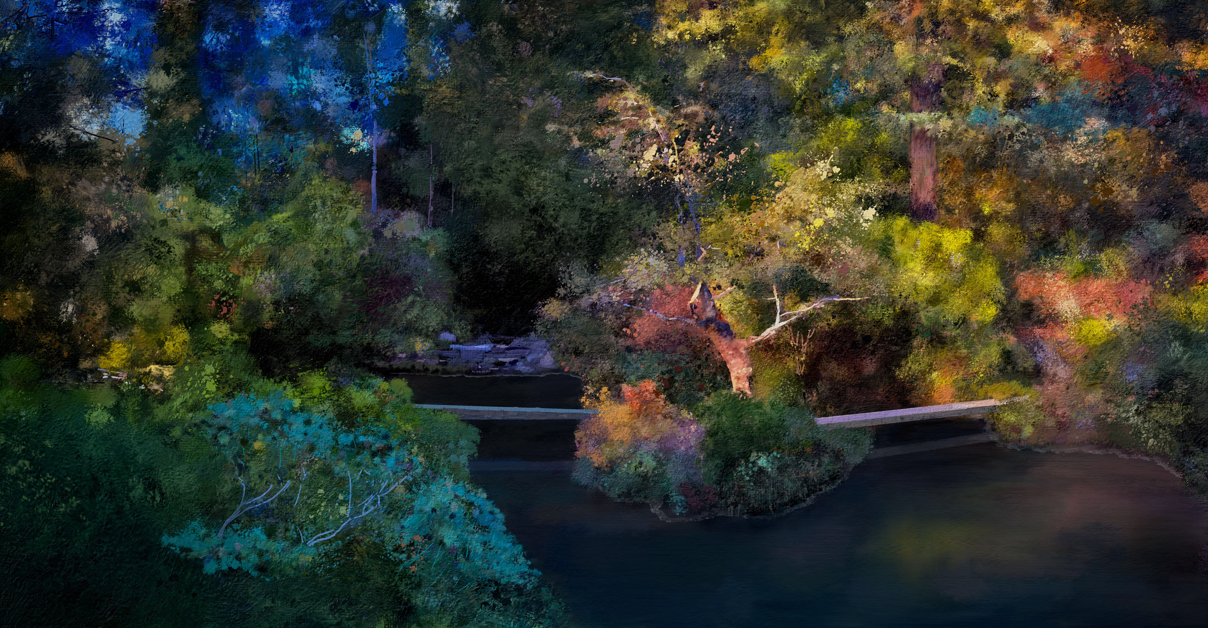 A serene garden scene showcasing dense foliage reflecting vibrant autumn hues. A narrow bridge crosses over a calm pond surrounded by lush greenery.