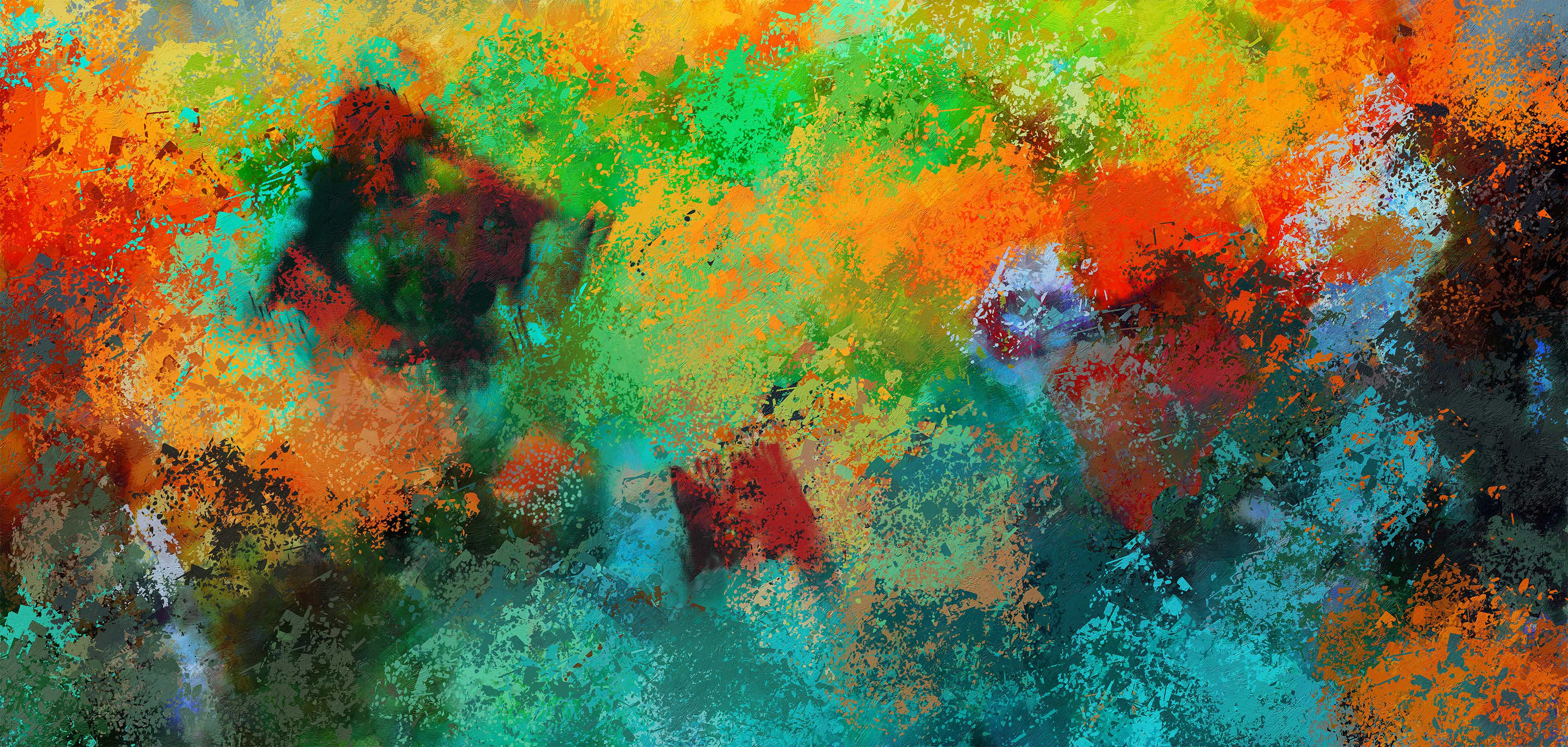 Abstract digital oil painting of brightly colored overlapping brush strokes.
