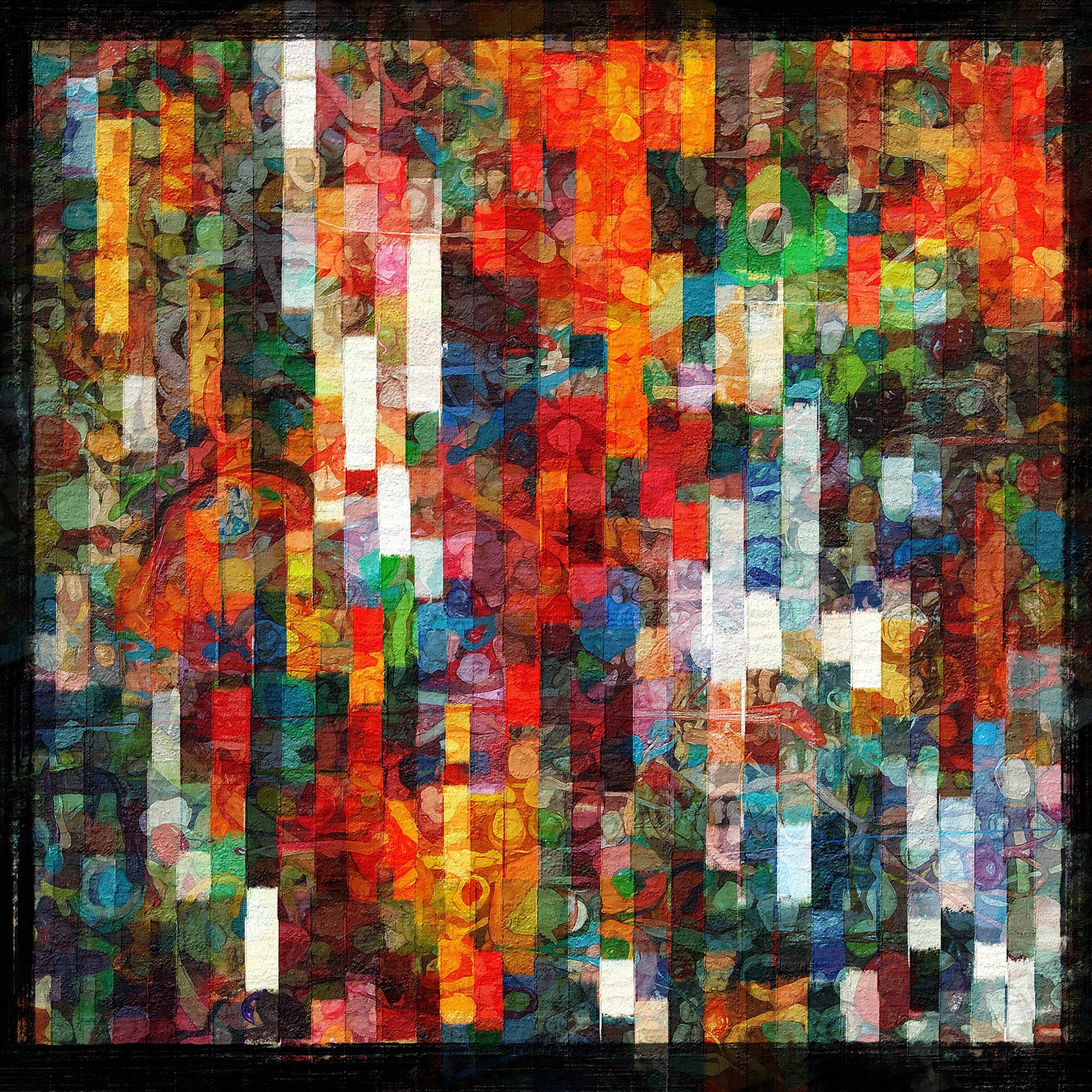 Colorful vertical lines and overlapping circles create a vibrant mosaic of reds, greens, and blues. Intersecting shapes and a dynamic pattern give the piece a lively, energetic feel.