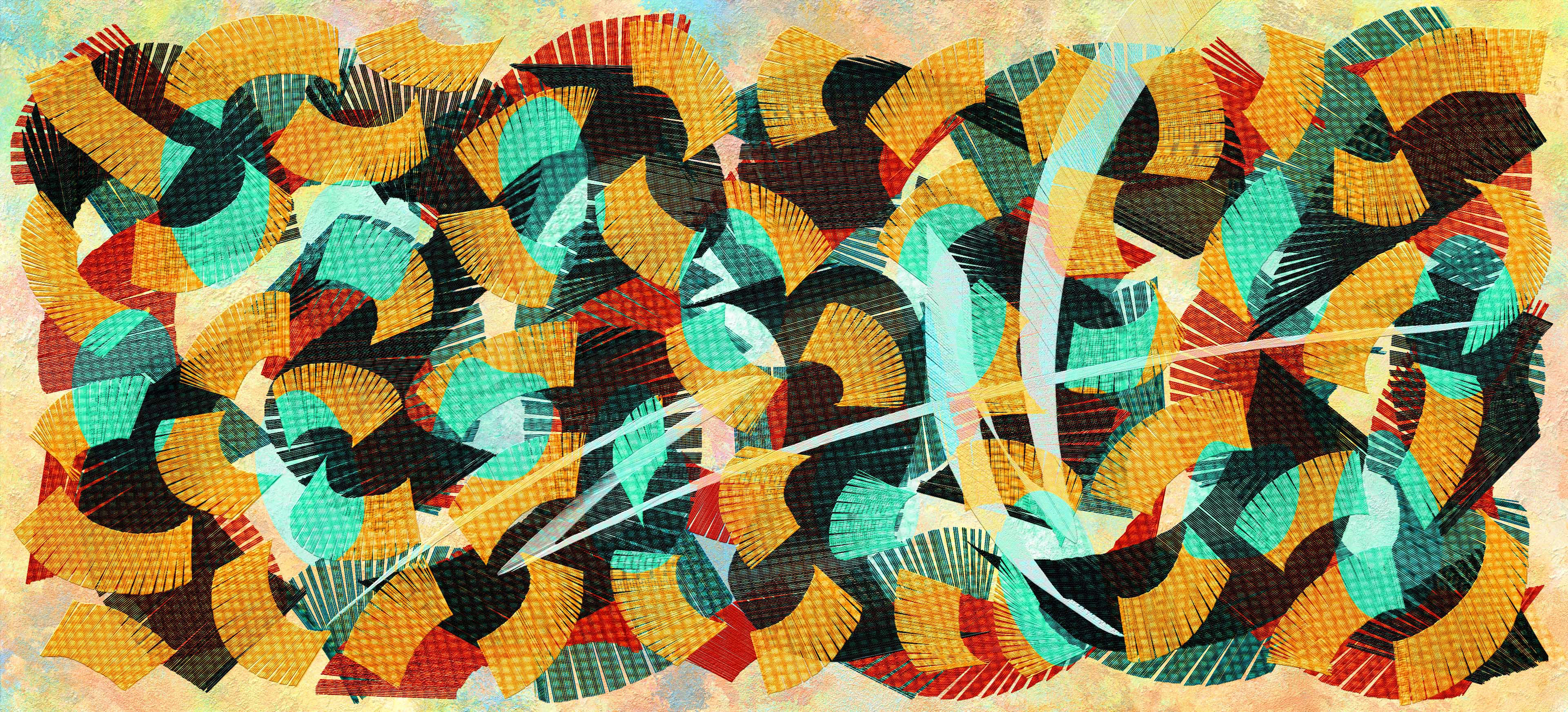 Vibrant shapes and patterns intertwine in a chaotic yet harmonious blend, evoking a sense of dynamic movement. Warm and cool colors contrast against each other amidst textured brushstrokes and grid-like overlays.