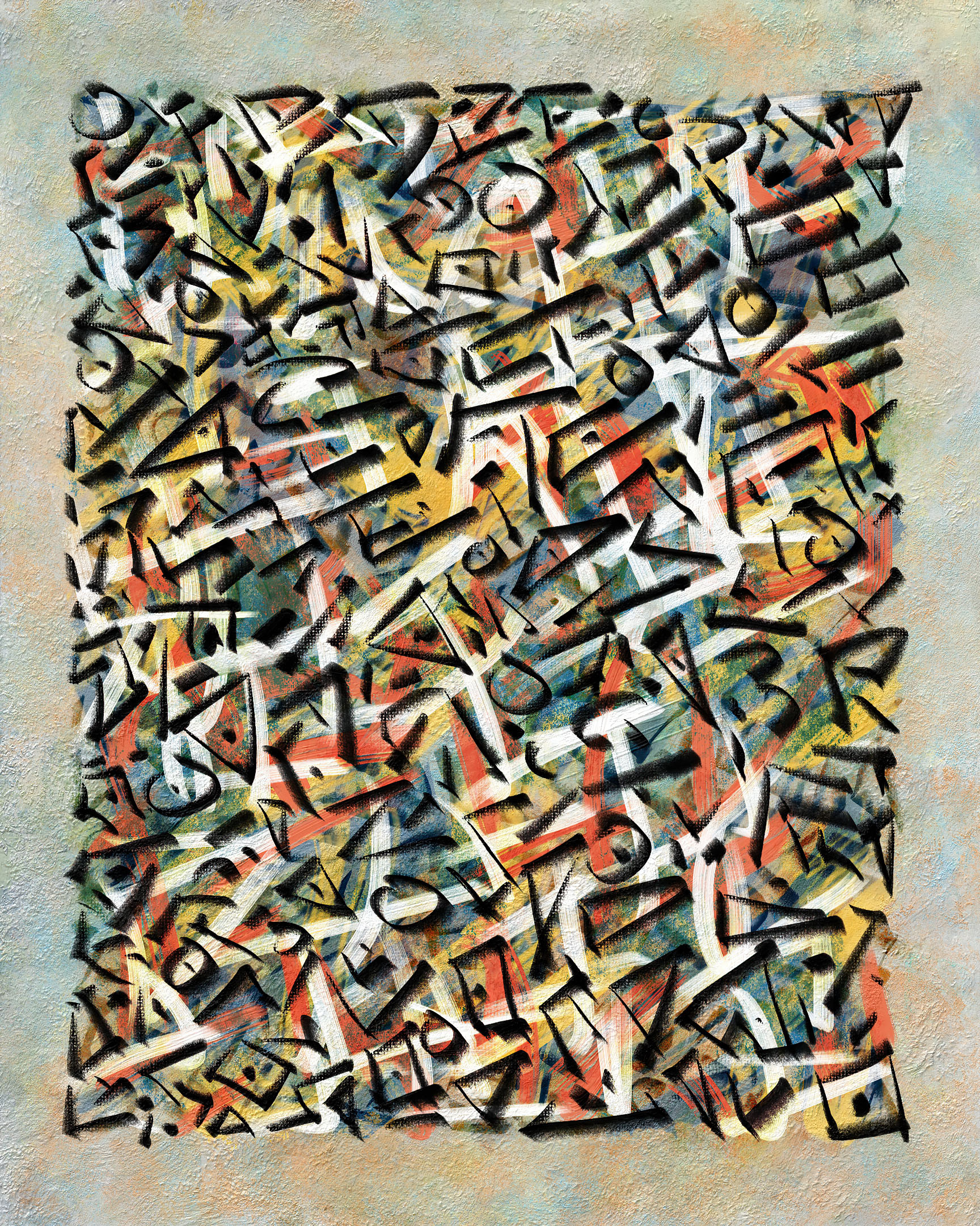 Abstract oil painting of colorful patterns of overlaping brush strokes.