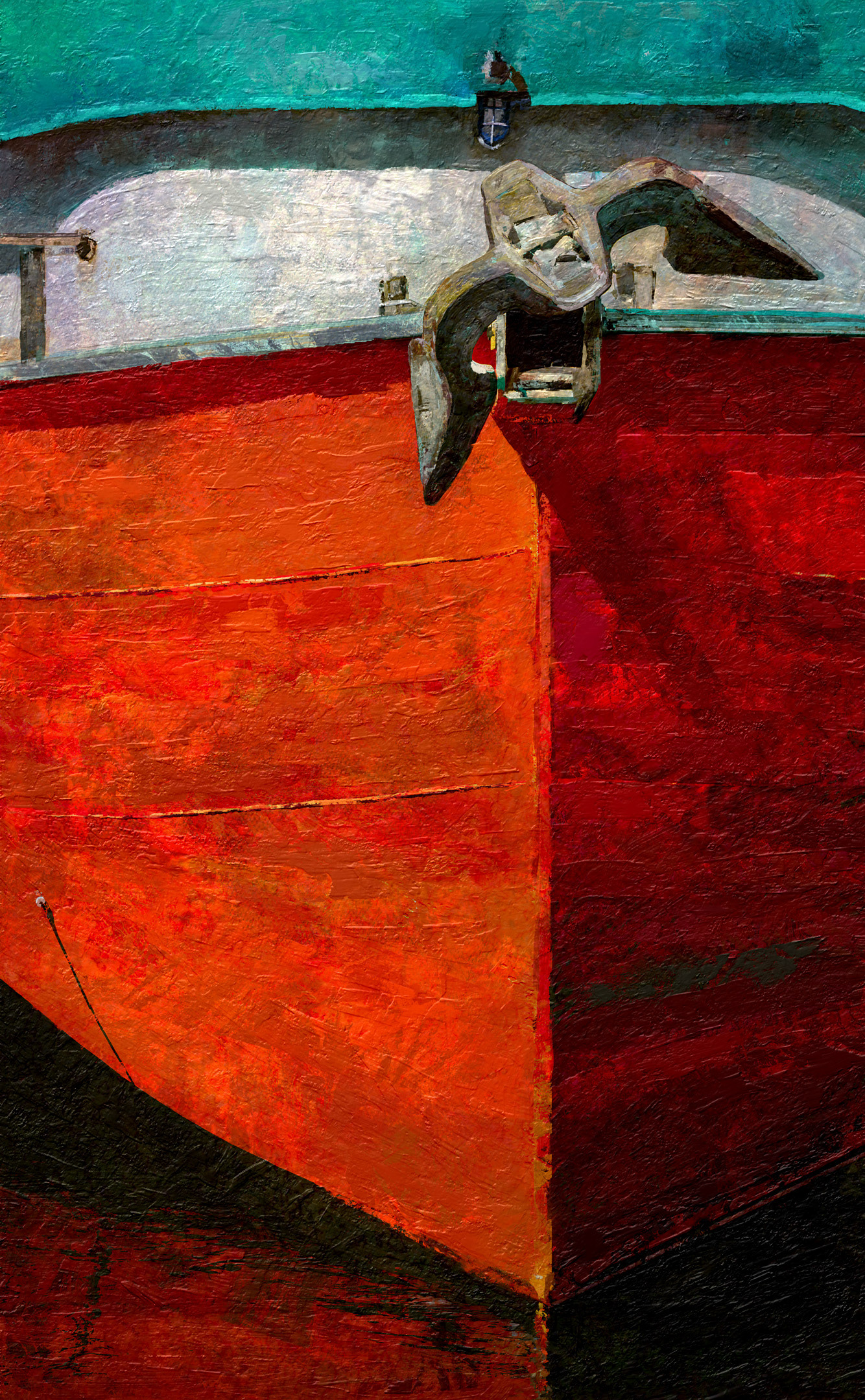 Oil painting of a brightly colored red boat bow