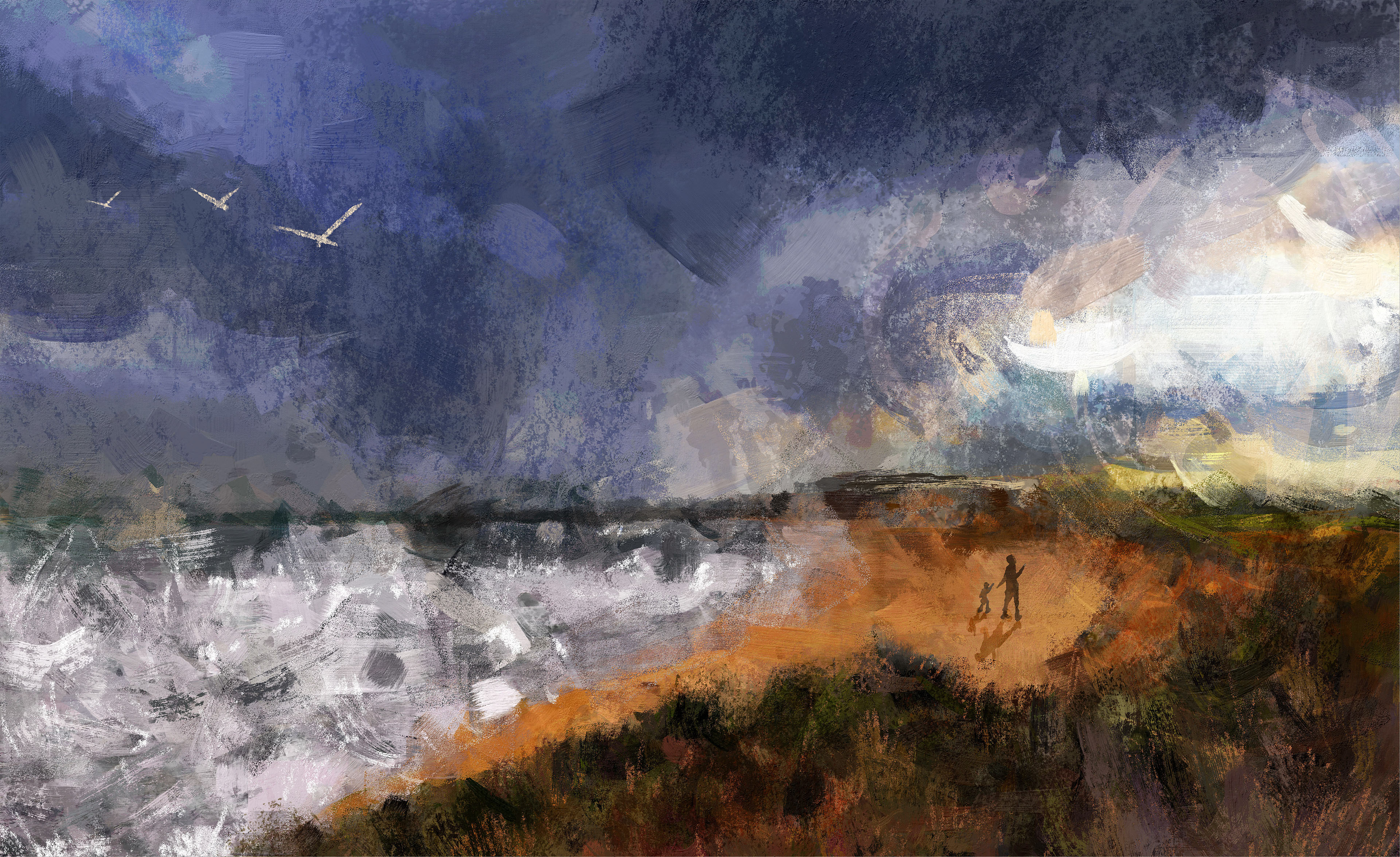 A dramatic coastal scene features two people walking along a rugged shoreline under a stormy sky, with waves crashing nearby. Seagulls soar above, adding a sense of movement and life to the turbulent atmosphere.