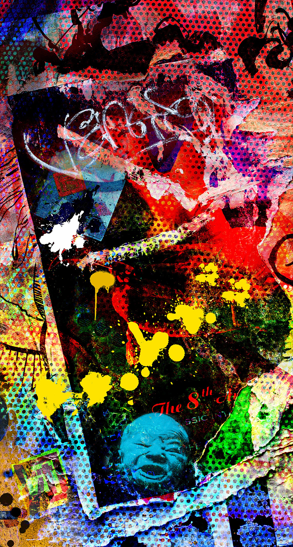 Abstract mixed media painting of images of urban grit overlaid with paint drips and brush strokes.