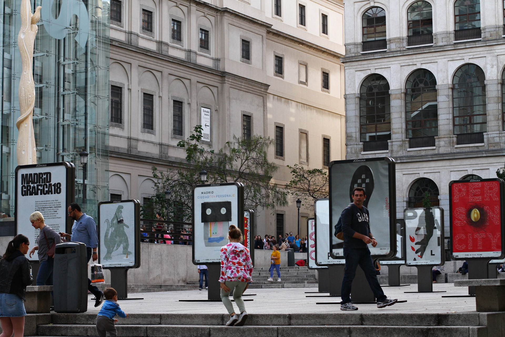 Posters exhibition in the Plaza de Juan Goytisolo, in front of the Reina Sofia Museum / Madrid, Spain