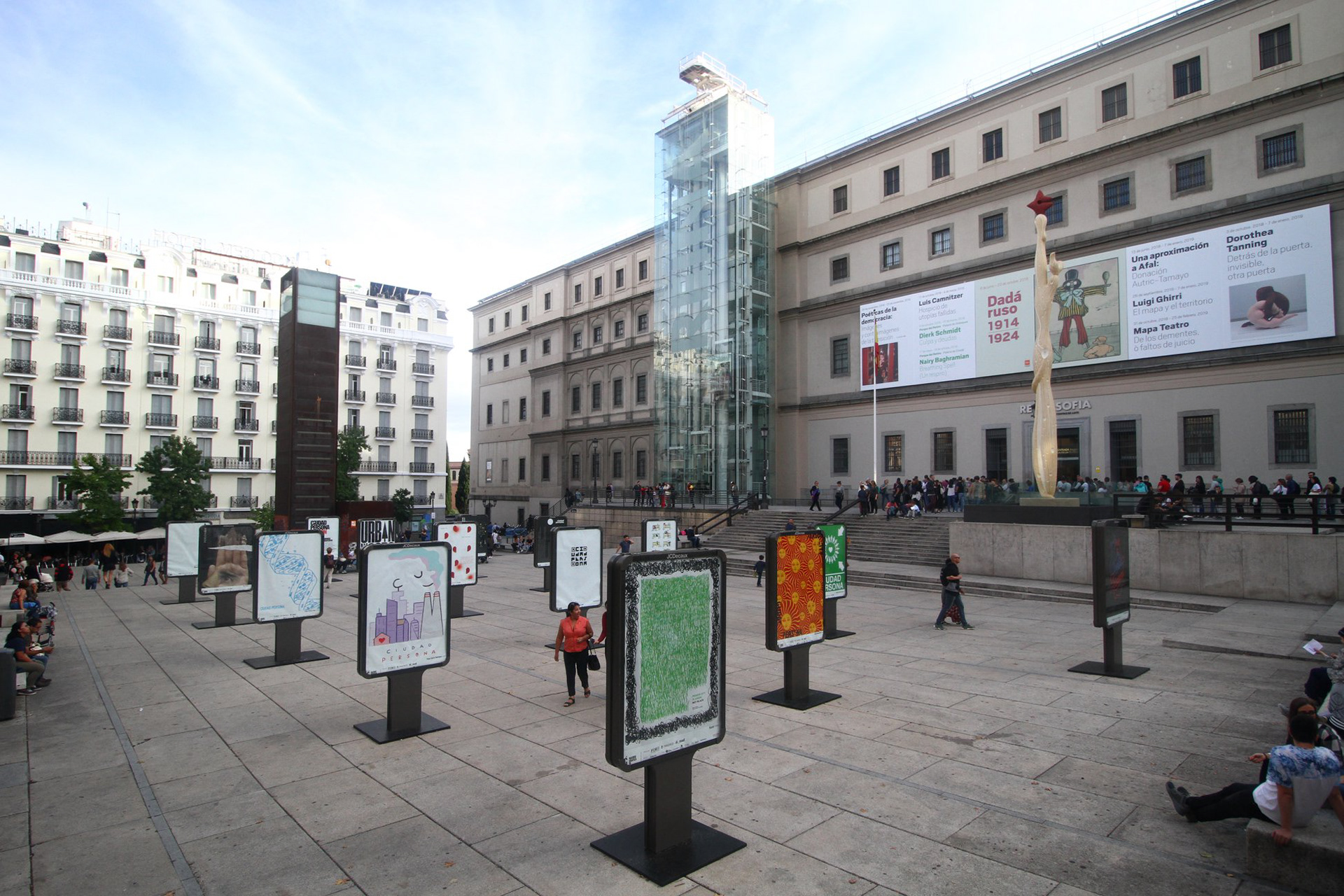 Posters exhibition in the Plaza de Juan Goytisolo, in front of the Reina Sofia Museum / Madrid, Spain