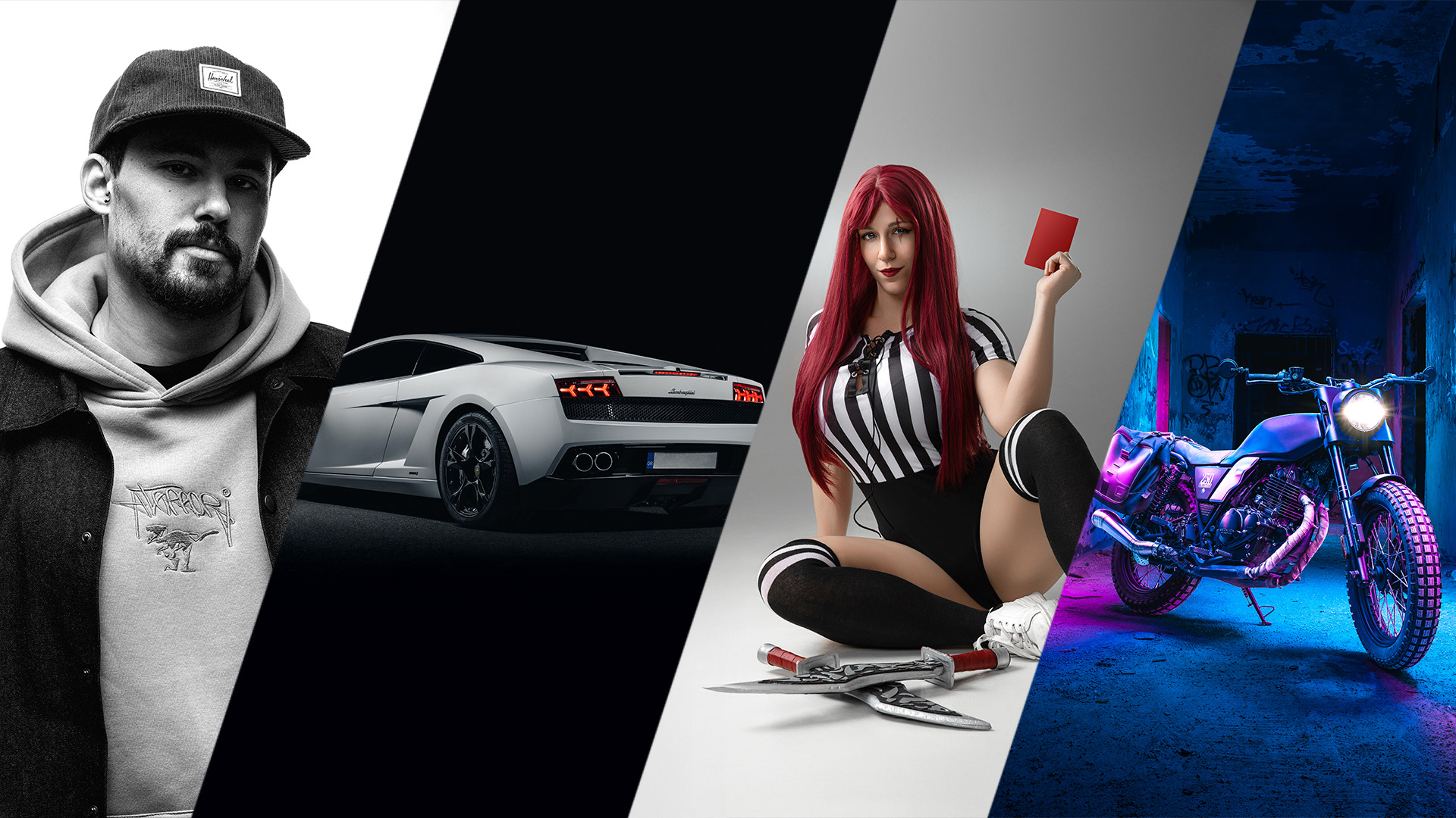 Δείγματα επαγγελματικών φωτογραφίσεων πορτρέτων, αυτοκίνησης, μοτοσυκλετών και cosplay απο τον Πάνο Μπακογιάννη.