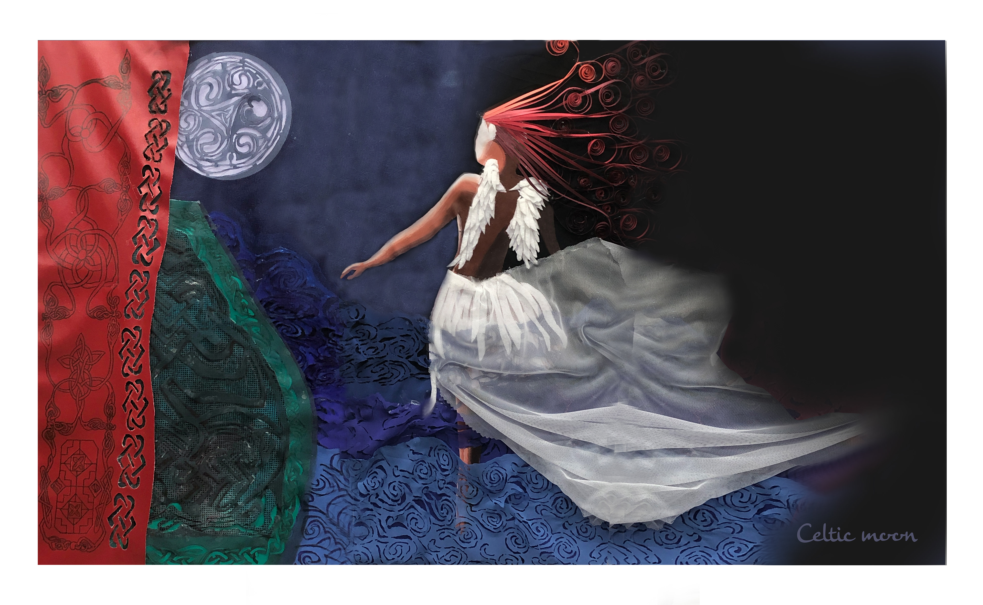 ZELTIC WORLD 2019 - 26x15 in - Quilling paper, felt, velvet, chiffon, tulle and georgette fabric hand sewn and glue - Emulation of the celtic symbols posed by an angel and part of her world revealed.