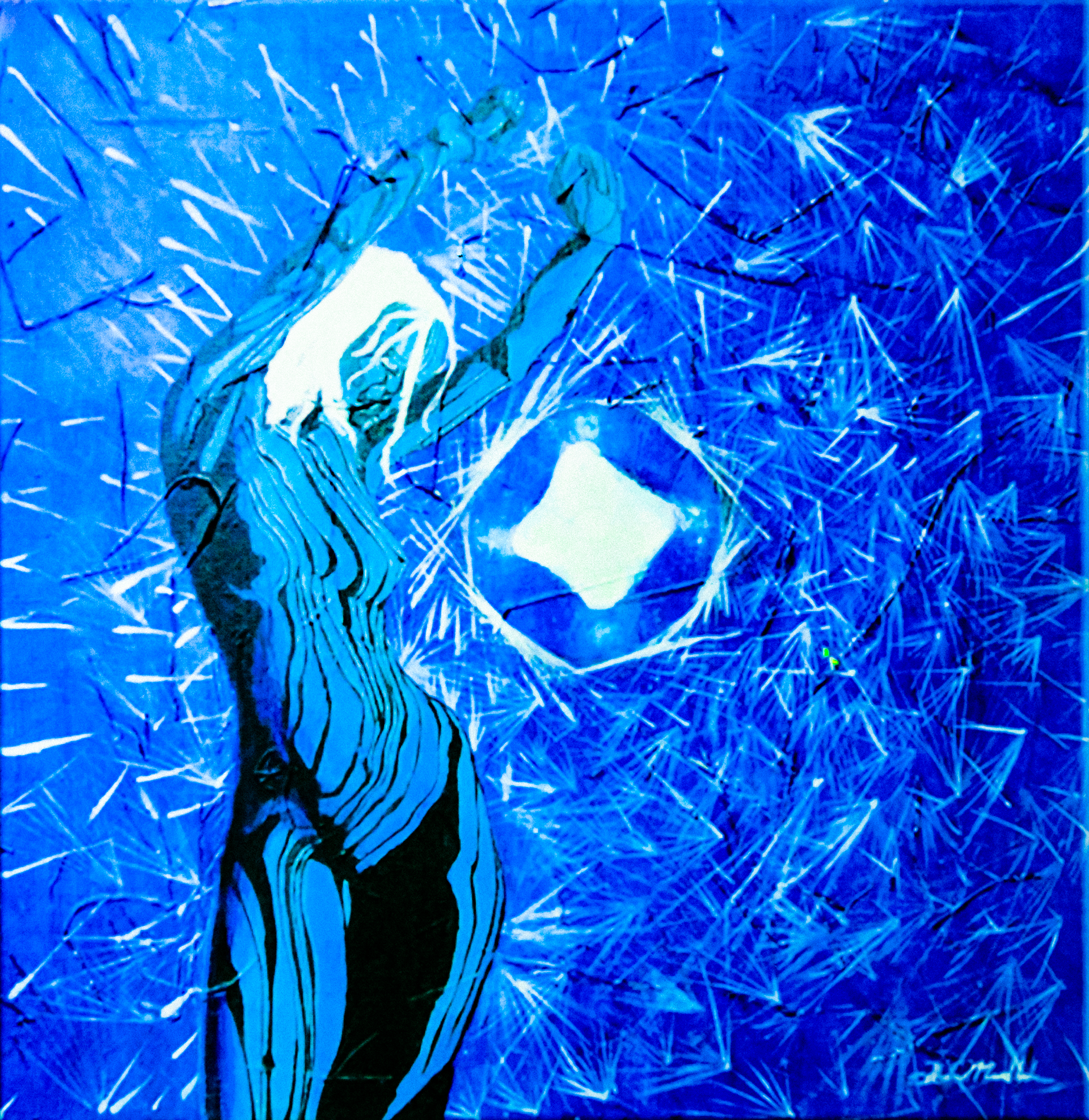 ENLIGHTENMENT 2010 - 18x18 in - Acrylic on wood sheet and dried lemongrass texture - A magnetical alignment declared within the curves of a woman body in movement, echoing the energy of herself and the Universe light around her.