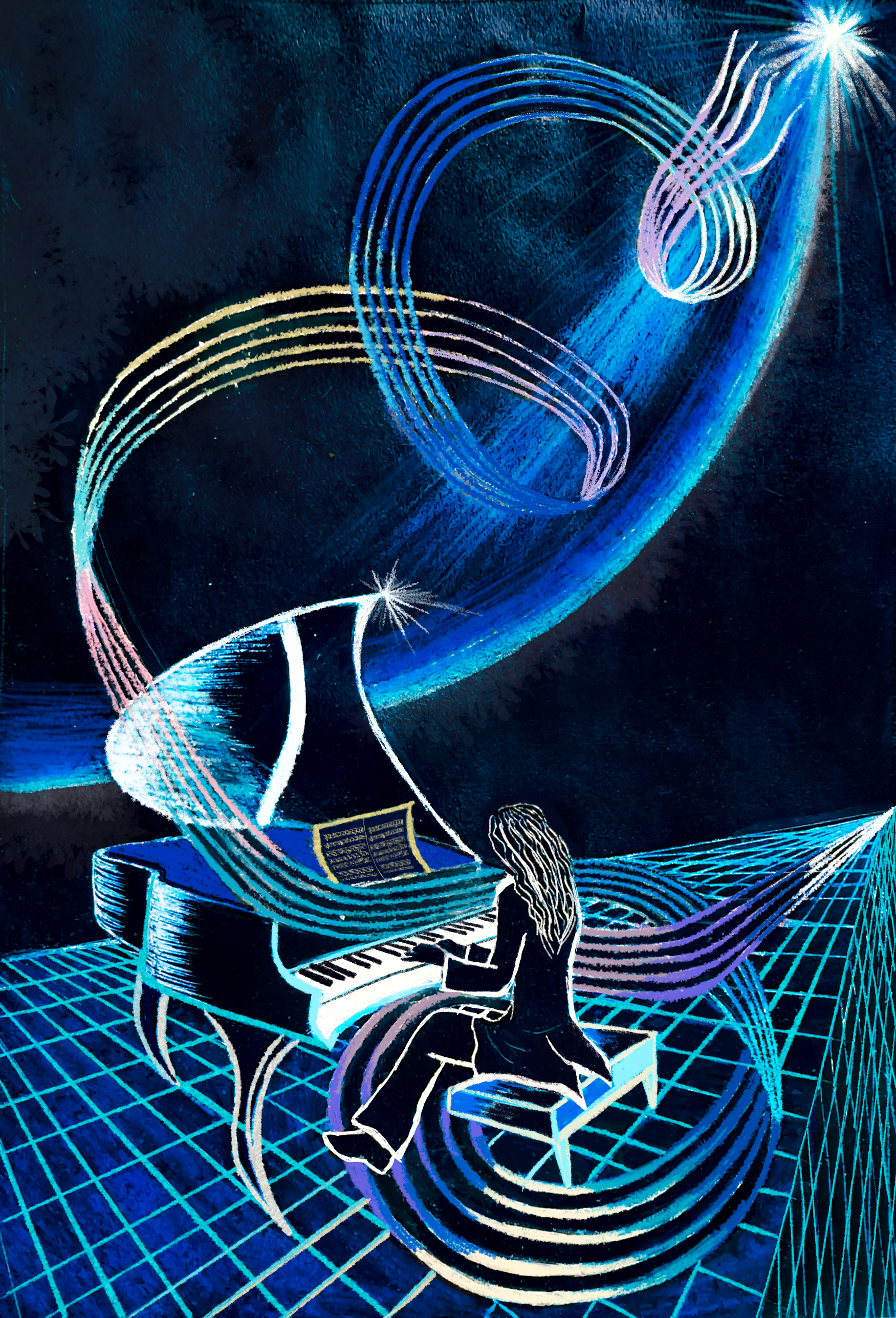 FUGE 2018 - 39x27 in - Blue In on Acrylic and on Canson paper - Colored surface with different blue tonalities to later cover it with blue ink and scratched ink down carefully to reveal a playful piano soundwaves and its musical notes touting into the Universe and beyond. Inspired by Fuge in G Minor by Bach.