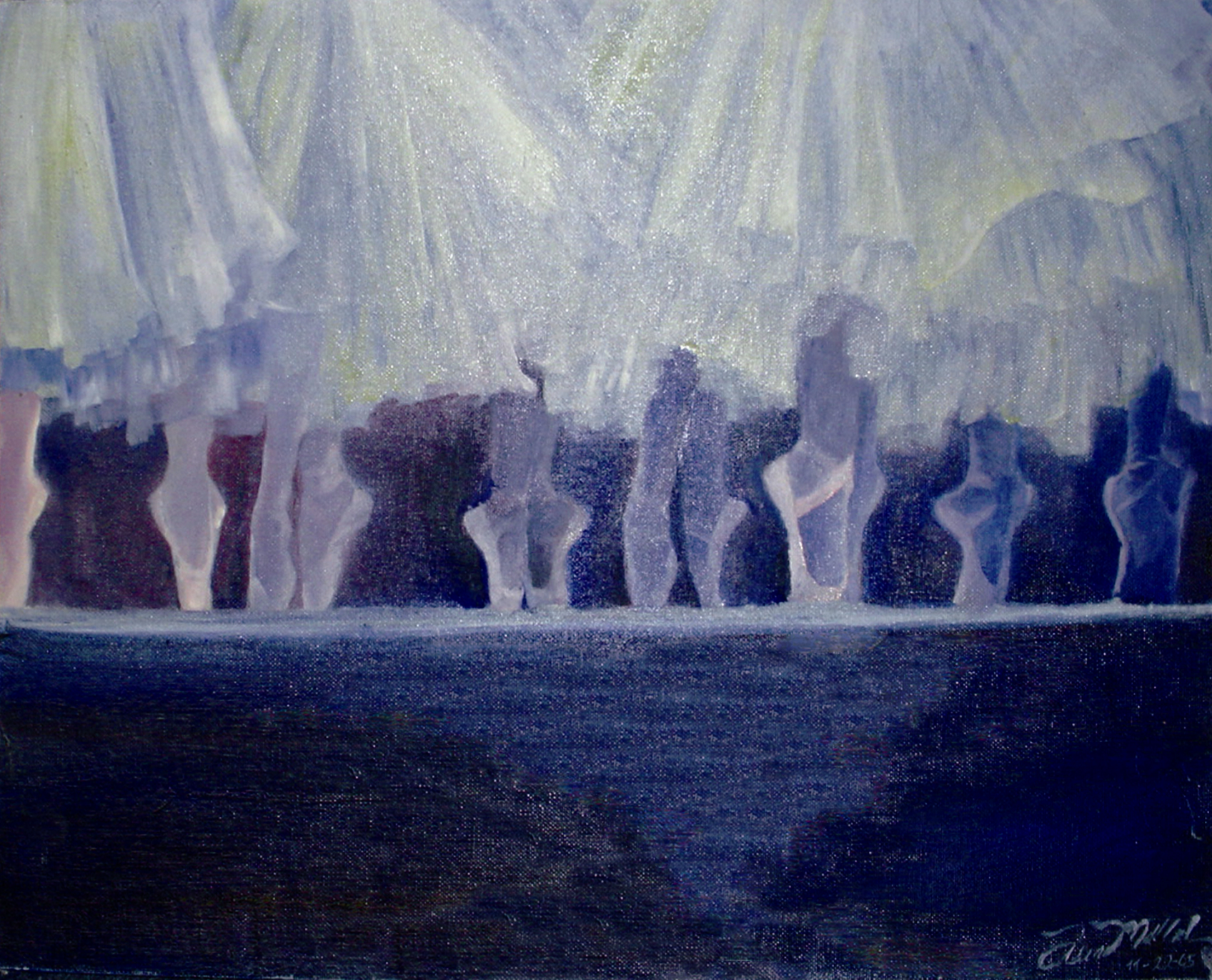 A PLAY IN BLUE 2006 - 16 x 20 in - Oil on Canvas - Harmonizing the waves of the lights and the movement of them dancers and their dresses at a play with blue lights and pink shoes. Expression of serenity.