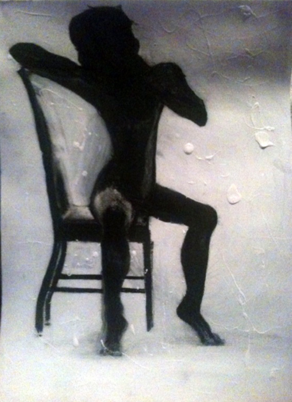 IN HER CHAIR 2007 - 18x12 in - Acrylic and textured gel on canvas - Emerged as luminous contrast of black figure profile and daring expression of dance to the white bright curtain of the moon.