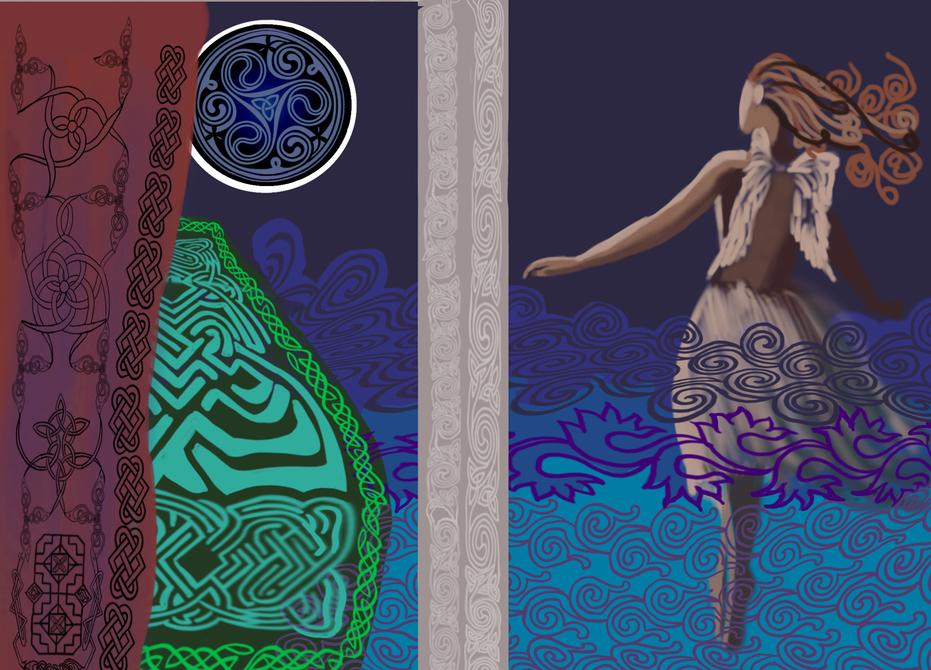 ZELTIC WORLD 2019 - 26x15 in - DIGITAL - Emulation of the celtic symbols posed by an angel and part of her world revealed.