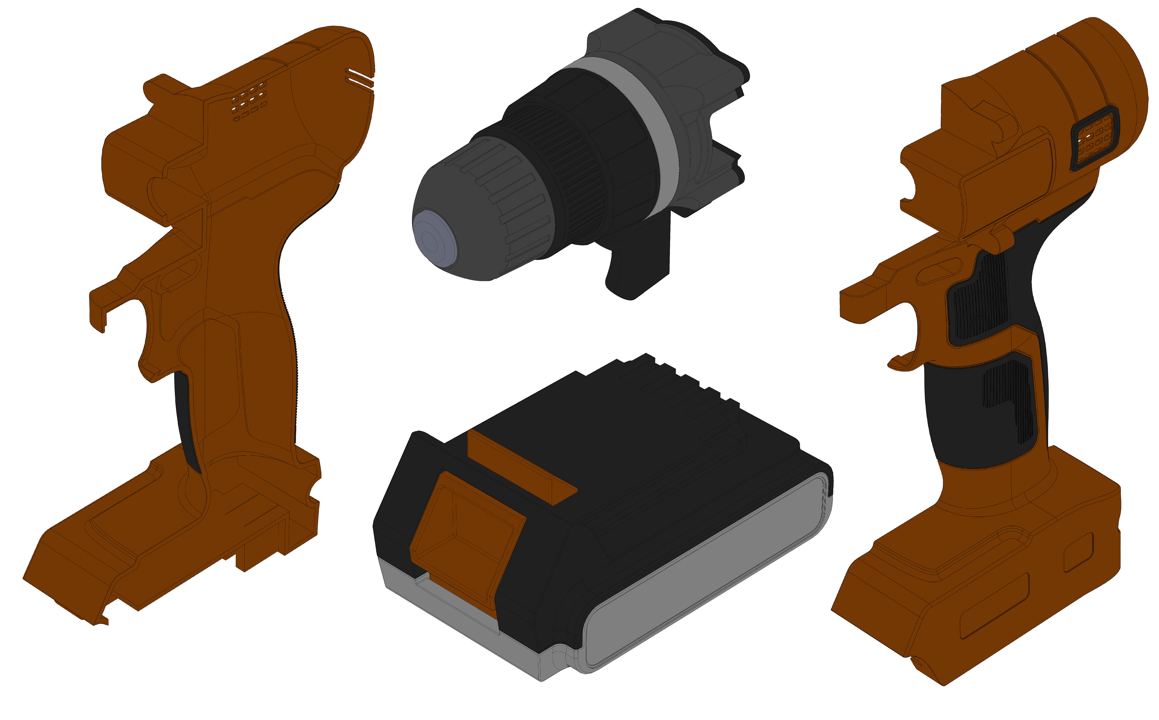 Model created in parts (Left Shell, Right Shell, Chuck and Battery)