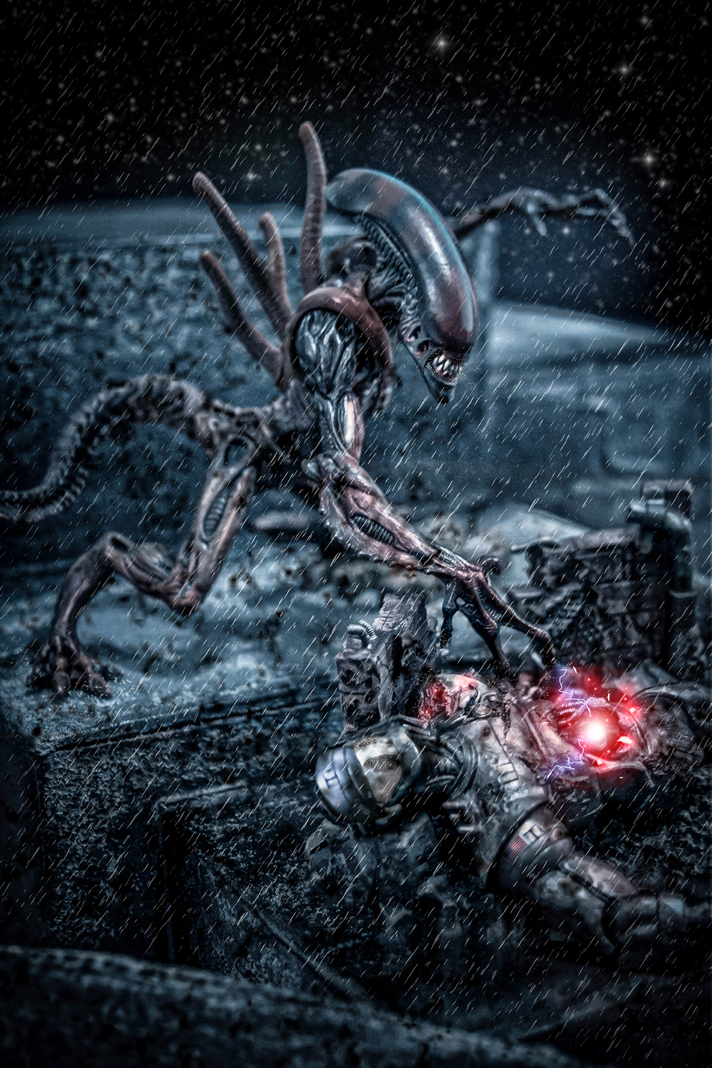 1997 Hasbro Warrior Alien (Alien Resurrection Series) with Ultron base (Marvel Select’s 2011 Classic Hawkeye)