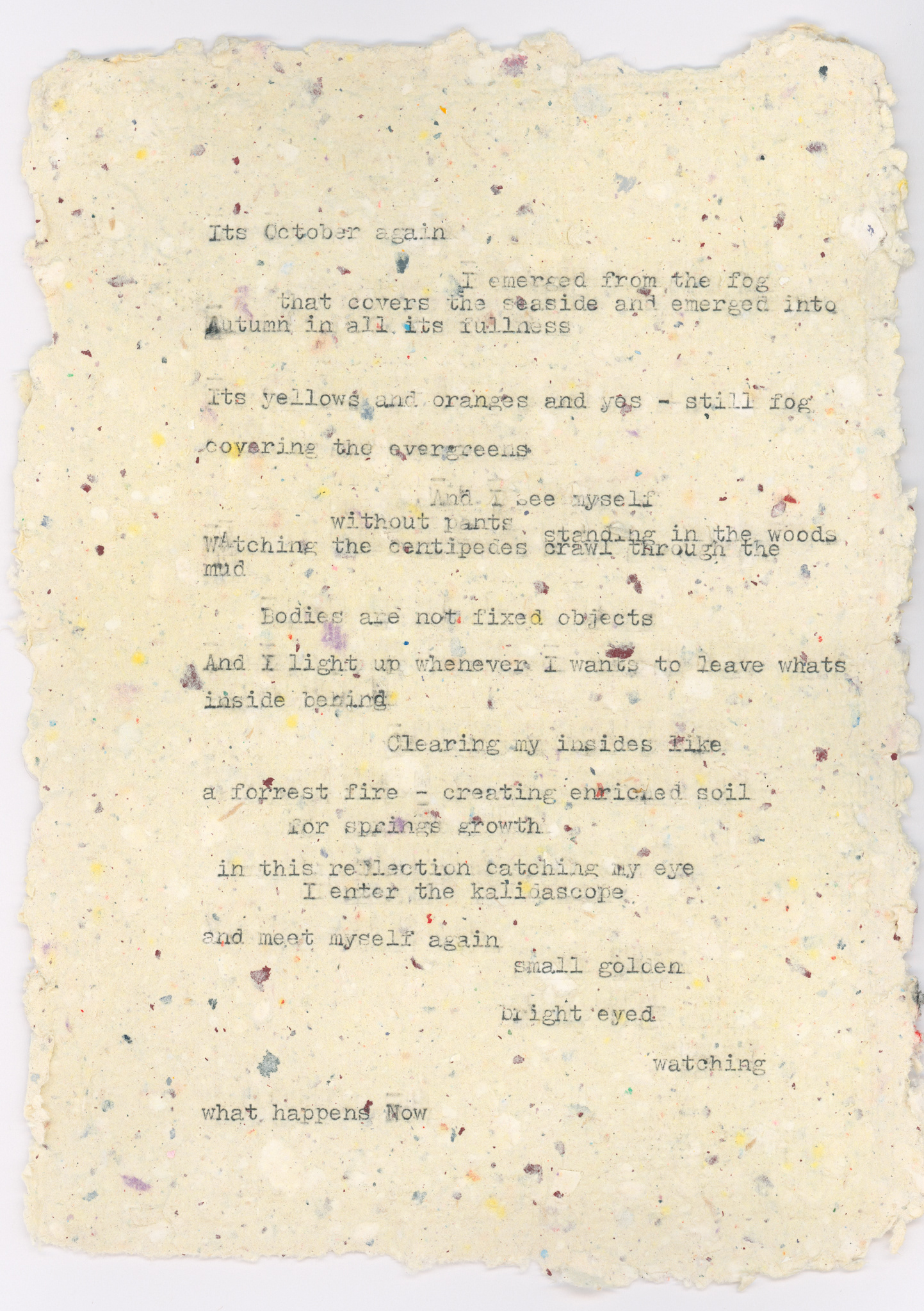 It's October again... , 2025. Typed poem on handmade paper.