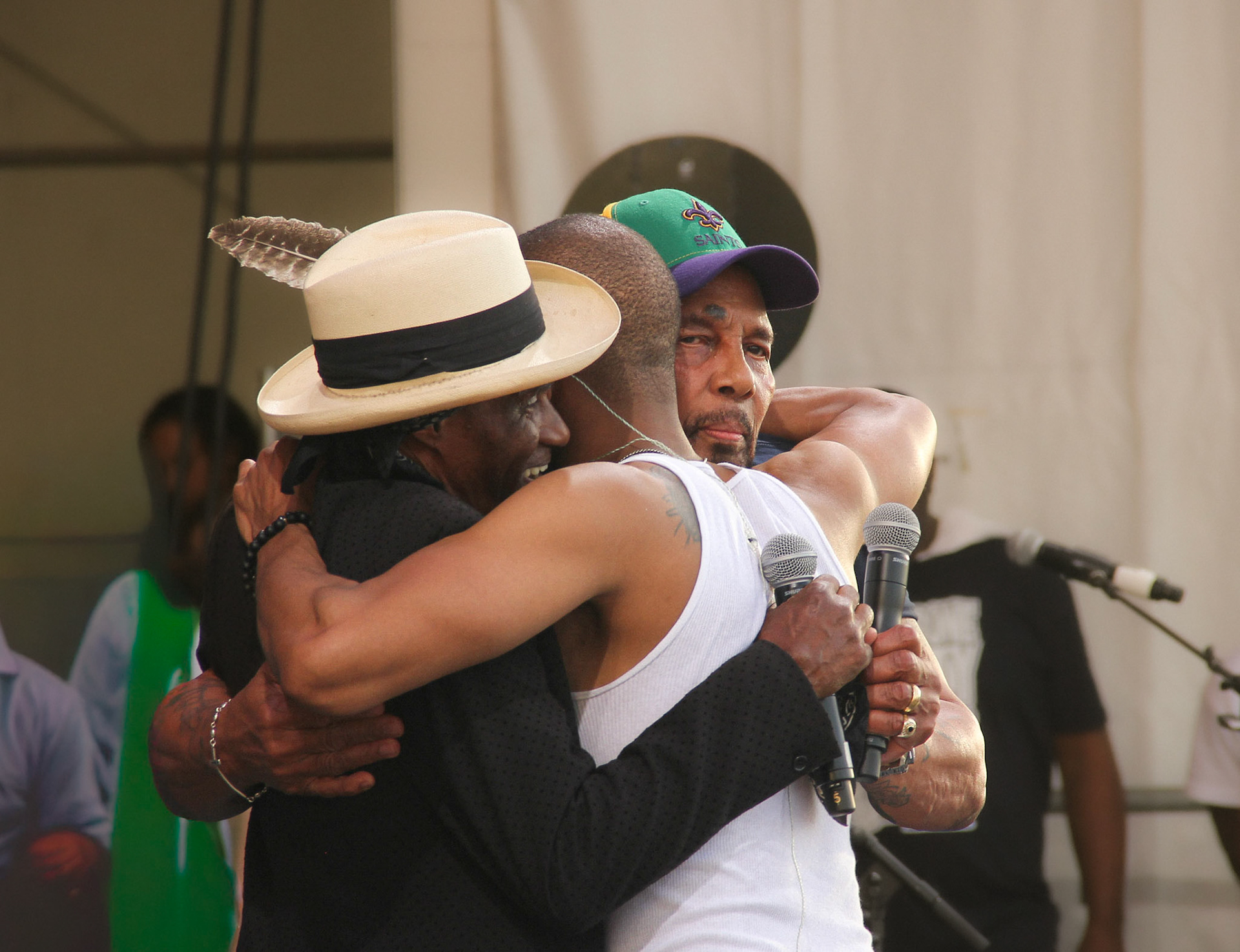 Brothers Aaron and Cyril Neville with Trombone Shorty50th Annual Jazz and Heritage FestivalNew Orleans