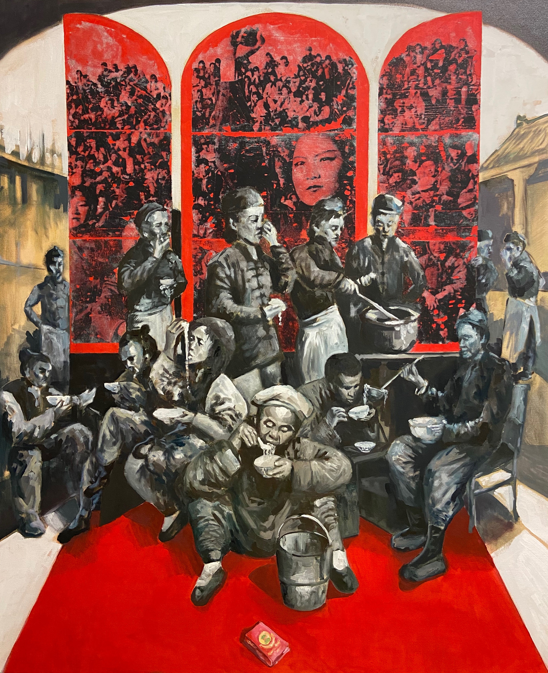 The last supper before the revolution (68in X 56in, Oil acrylic and image transfer on canvas)