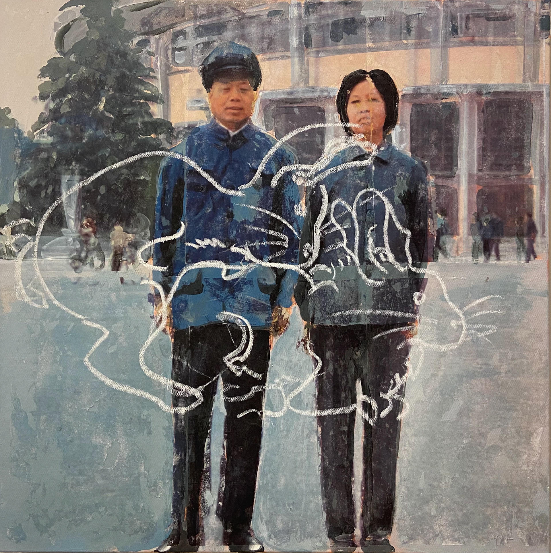 Familial Archive 6 (24inX24in, acrylic, gel transfer, pastel on canvas)
