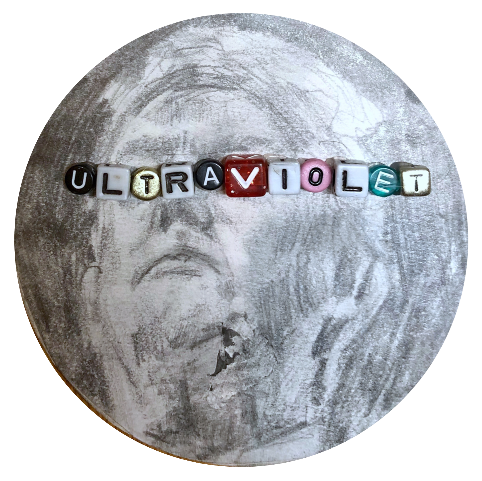 Fake Candy 4 (4in X 4in, graphite, beads, on paper coaster)