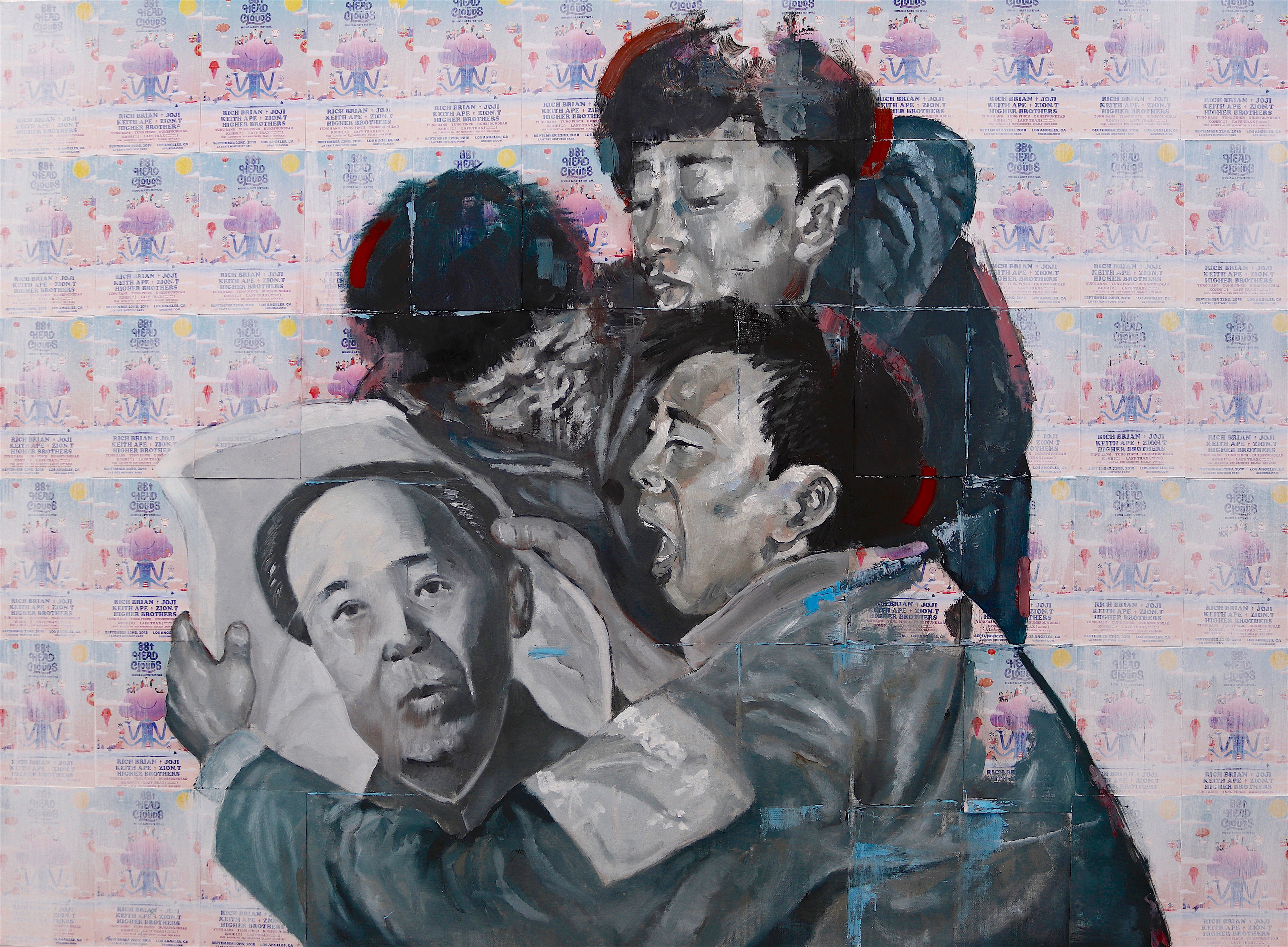 Idols Through Time (36in X 48in, oil and collaged fliers on canvas)