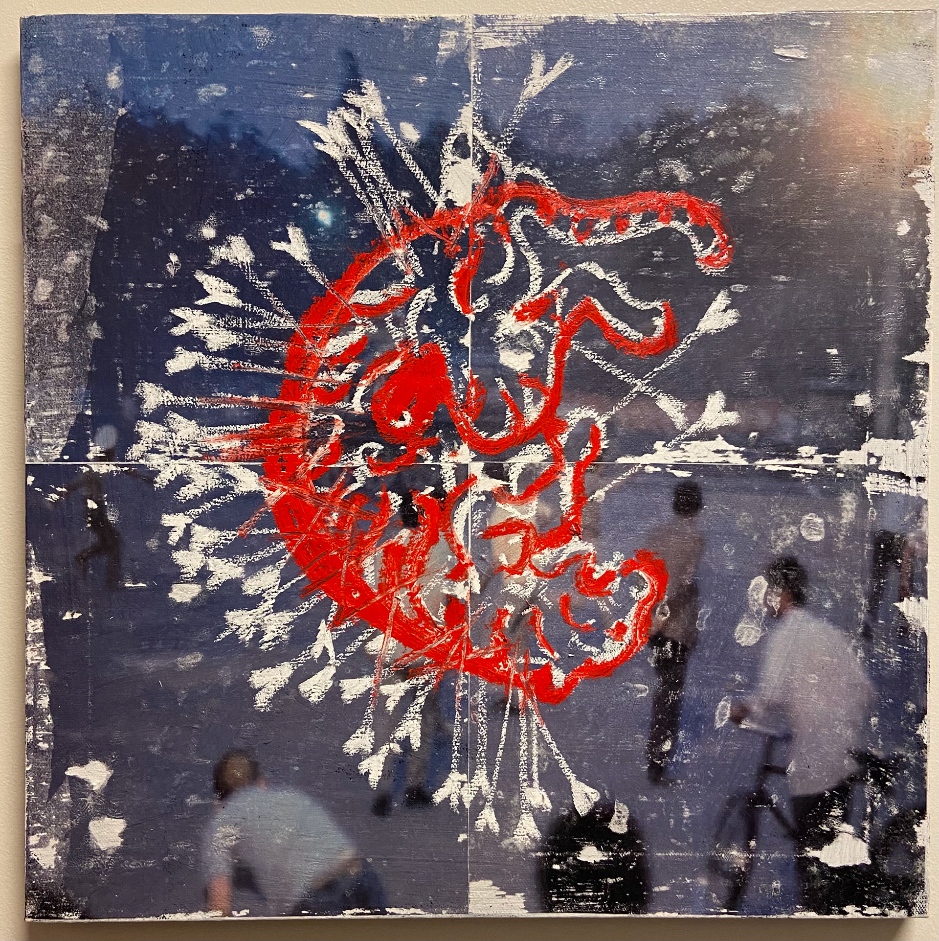Tiger hunt 2 (18in X 18in, gel transfer, pastel, oil stick on canvas)
