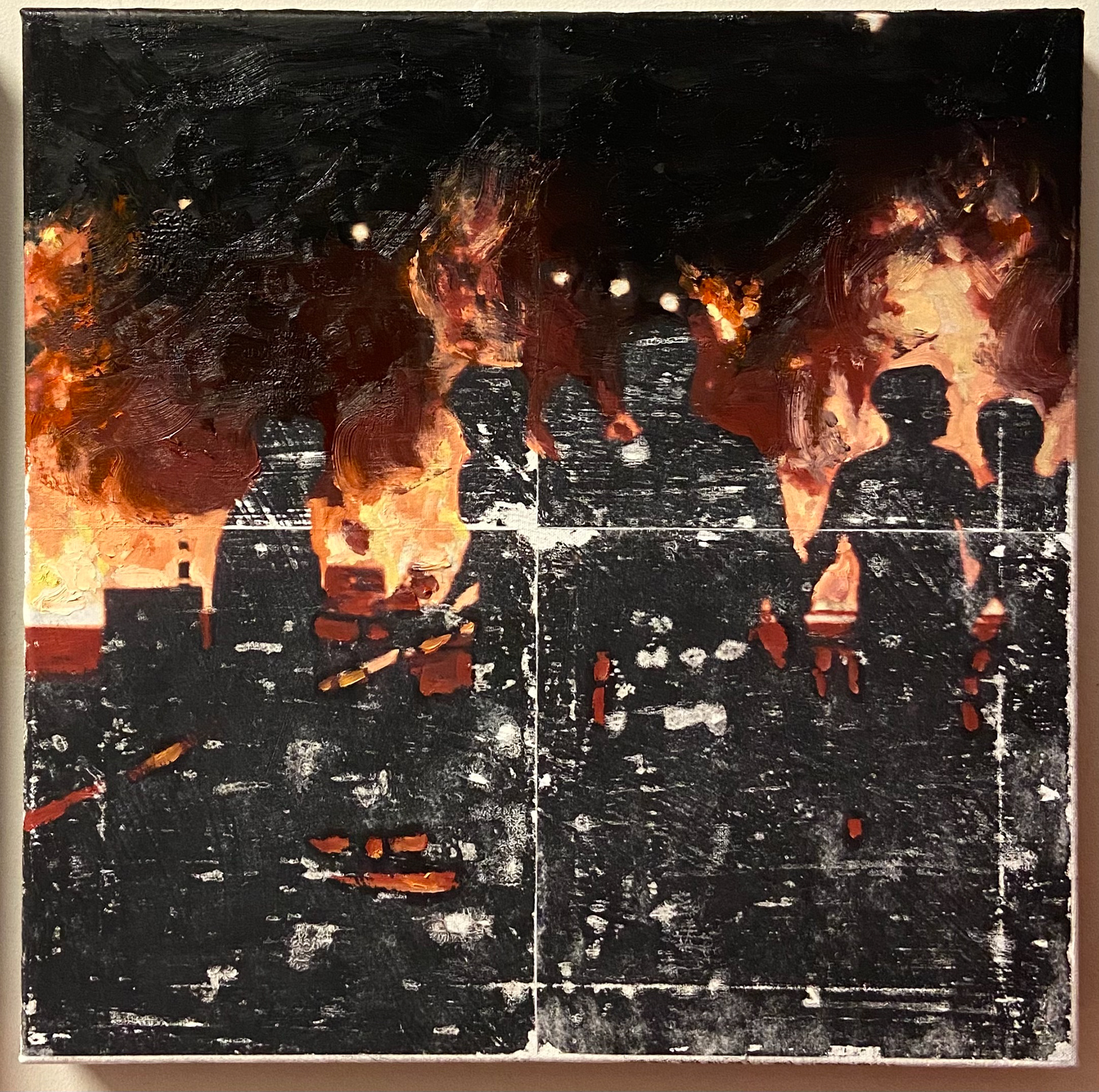 "This is it, should I tell him to go fuck himself" 2 (18in X 18in, gel transfer and oil on canvas)