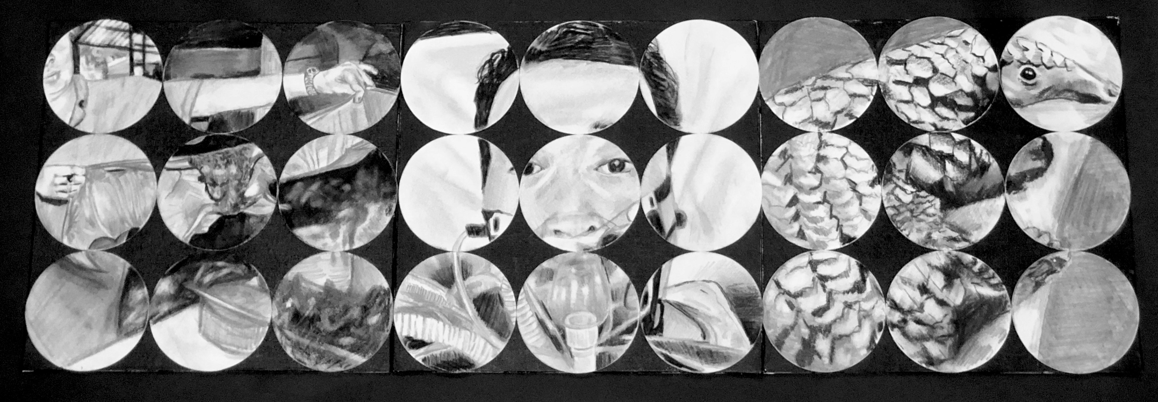 Culprit (12in X 36in, charcoal, acrylic, paper coasters on canvas)
